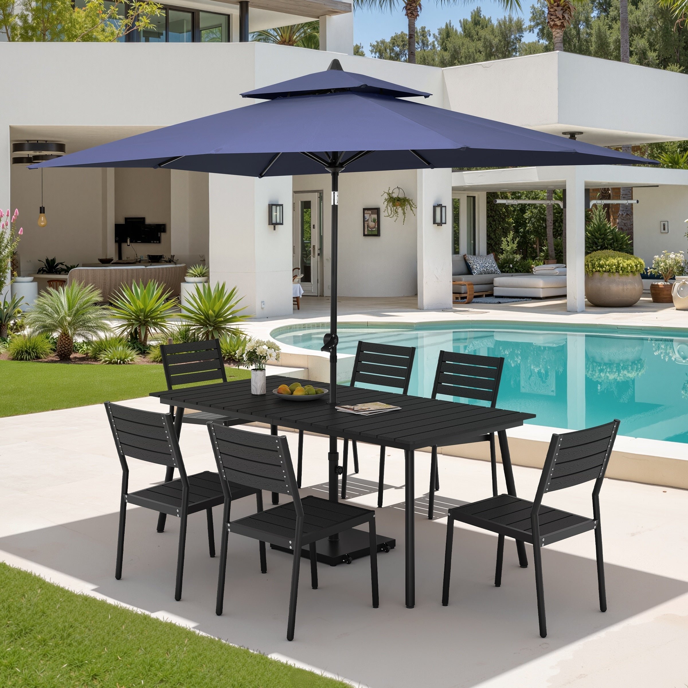 9Pc Outdoor Patio Dining Set Wood Like Aluminum Table With Stackable Chairs Double Top Market Umbrella And Wheel Base