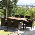 9Pcs Patio Rattan Dining Set 8 Chairs Cushioned Acacia Table Top