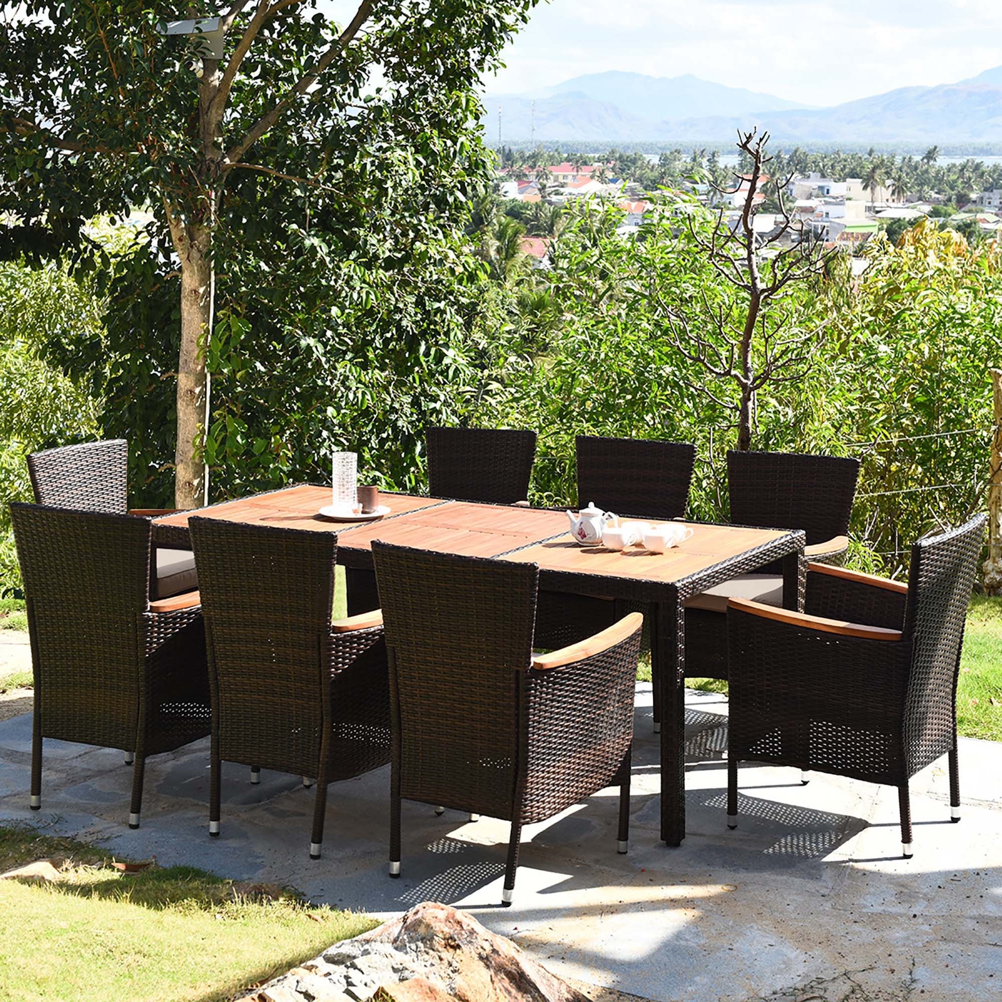 9Pcs Patio Rattan Dining Set 8 Chairs Cushioned Acacia Table Top