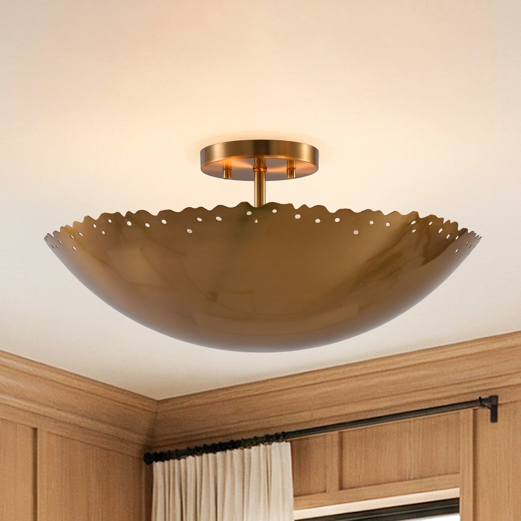 9 Antique Brass Bowl 3 Light Semi Flush Mount Light Fixture For Bedroom Living Room