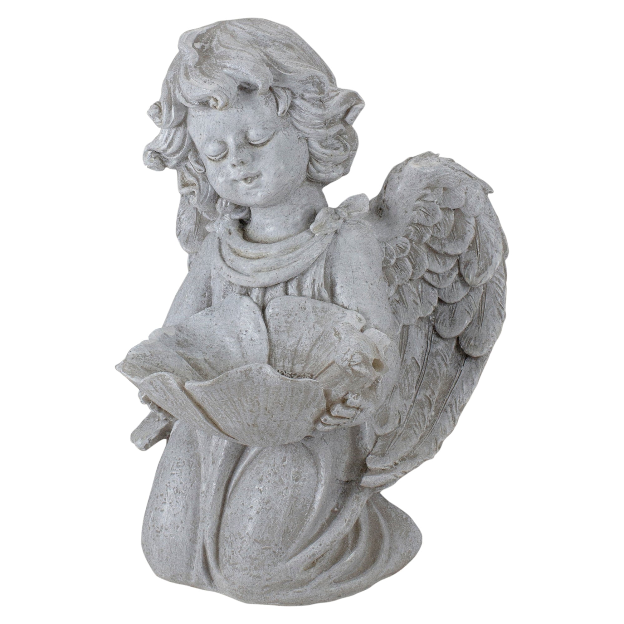 9.5 Heavenly Gardens Distressed Kneeling Cherub Angel Bird Feeder Outdoor Patio Garden Statue