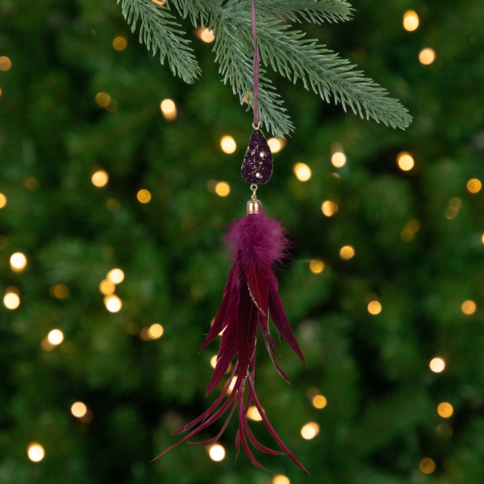 9 Plum Red Feather And Gemstone Pendant Christmas Ornament