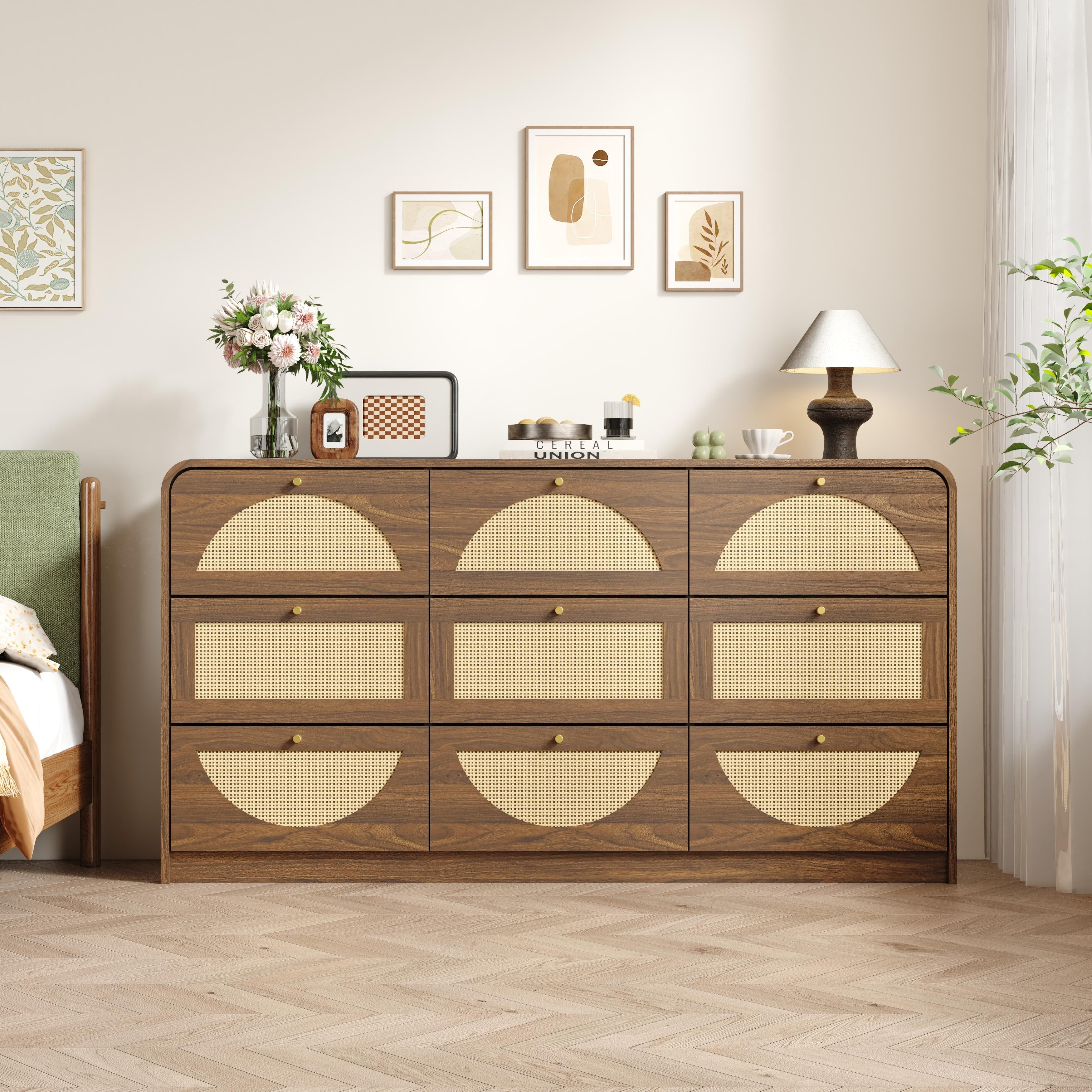 9 Drawer Dresser With Rattan Front Wide Particle Board Chest Of Drawers Modern Storage Cabinet For Bedroom Living Room