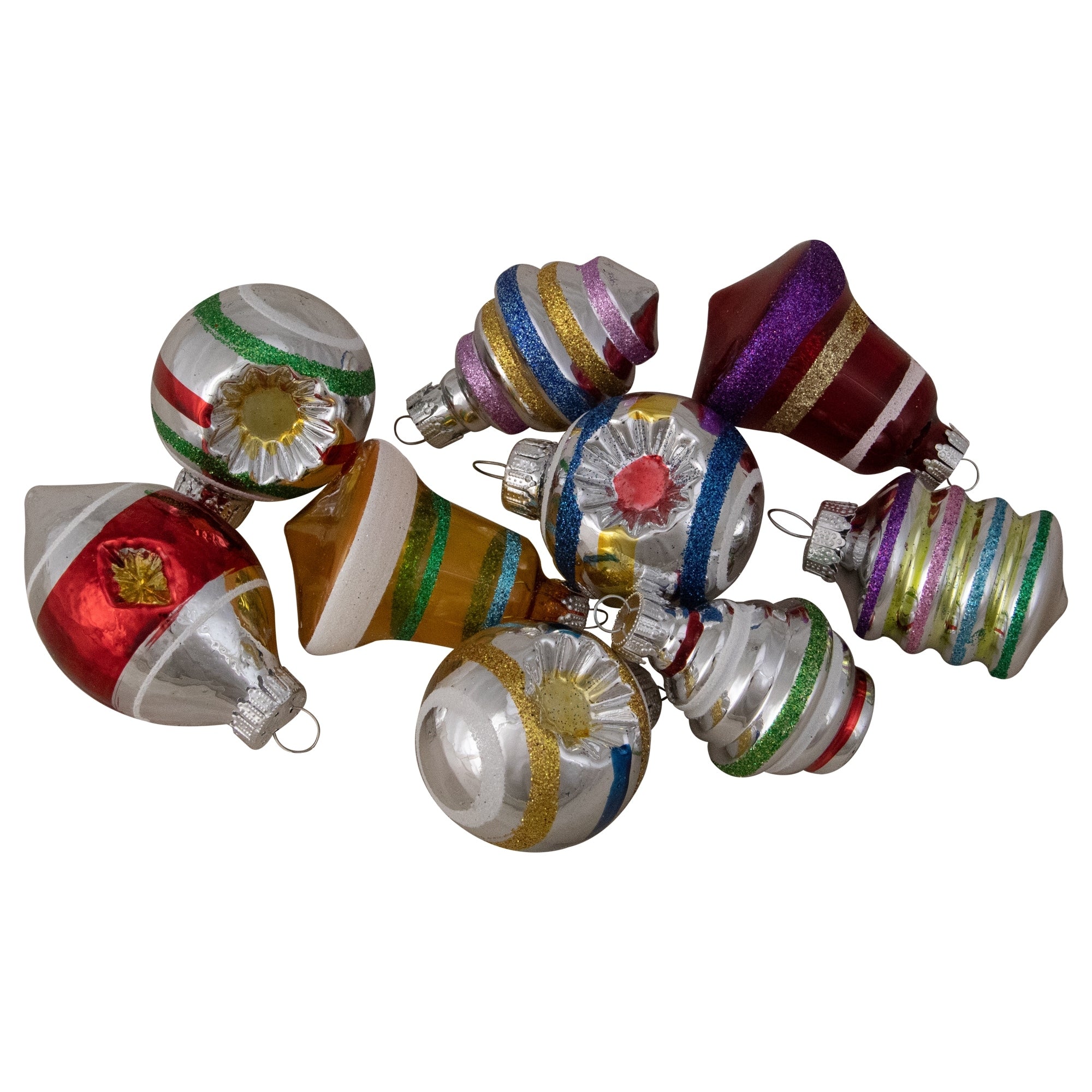 9Ct Shiny Pearl Yellow With Glitter And Solid Striped Finial And Bell Christmas Glass Ornaments 1.75 2.75 N A