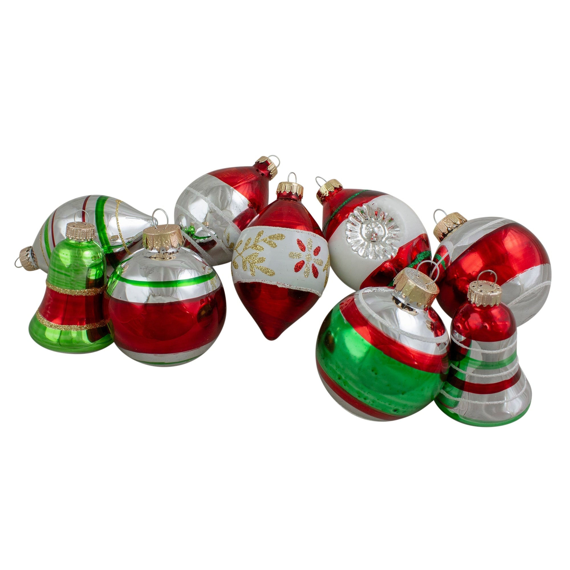 9Ct Shiny Silver And Red And Glittered Striped Various Shaped Glass Christmas Ornaments 2 3.5 N A