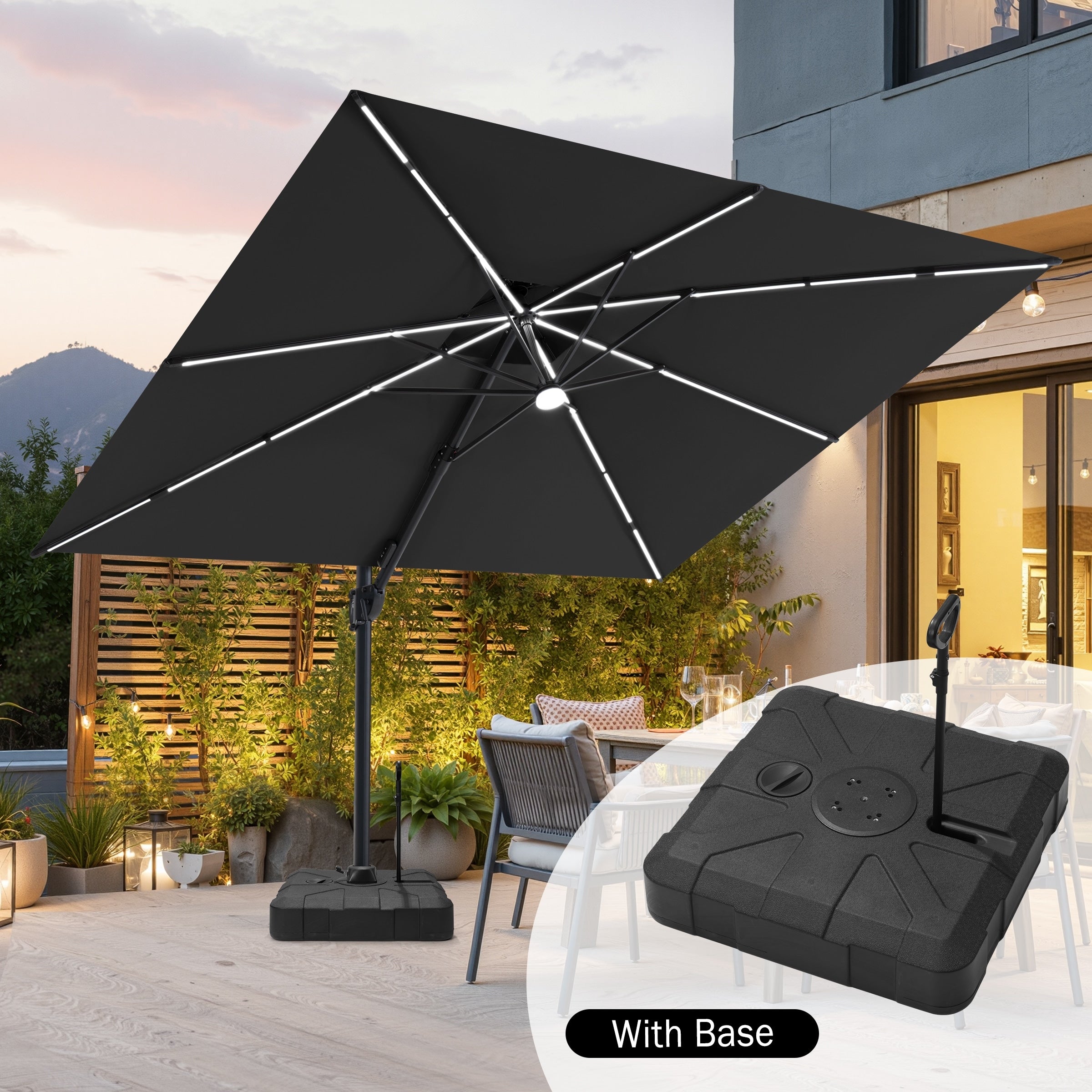 9X11Ft Outdoor Patio Cantilever Umbrella Solar Light Double Top 360 Rotation Tilt With Pull Rod Wheels Base