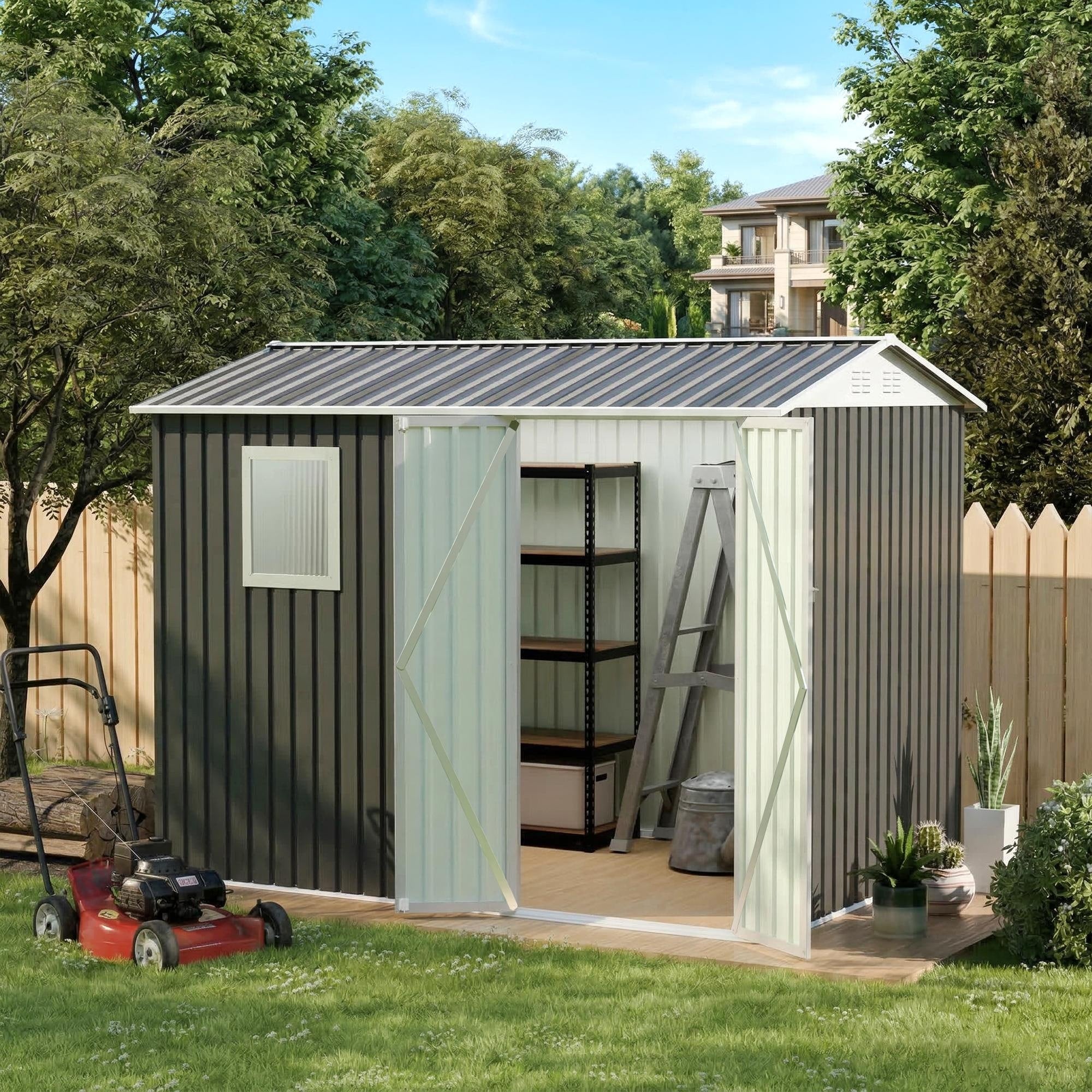 9X6 Ft Metal Garden Shed With 1 Windows For Outdoors Patio Hinge Doors Storage Sheds