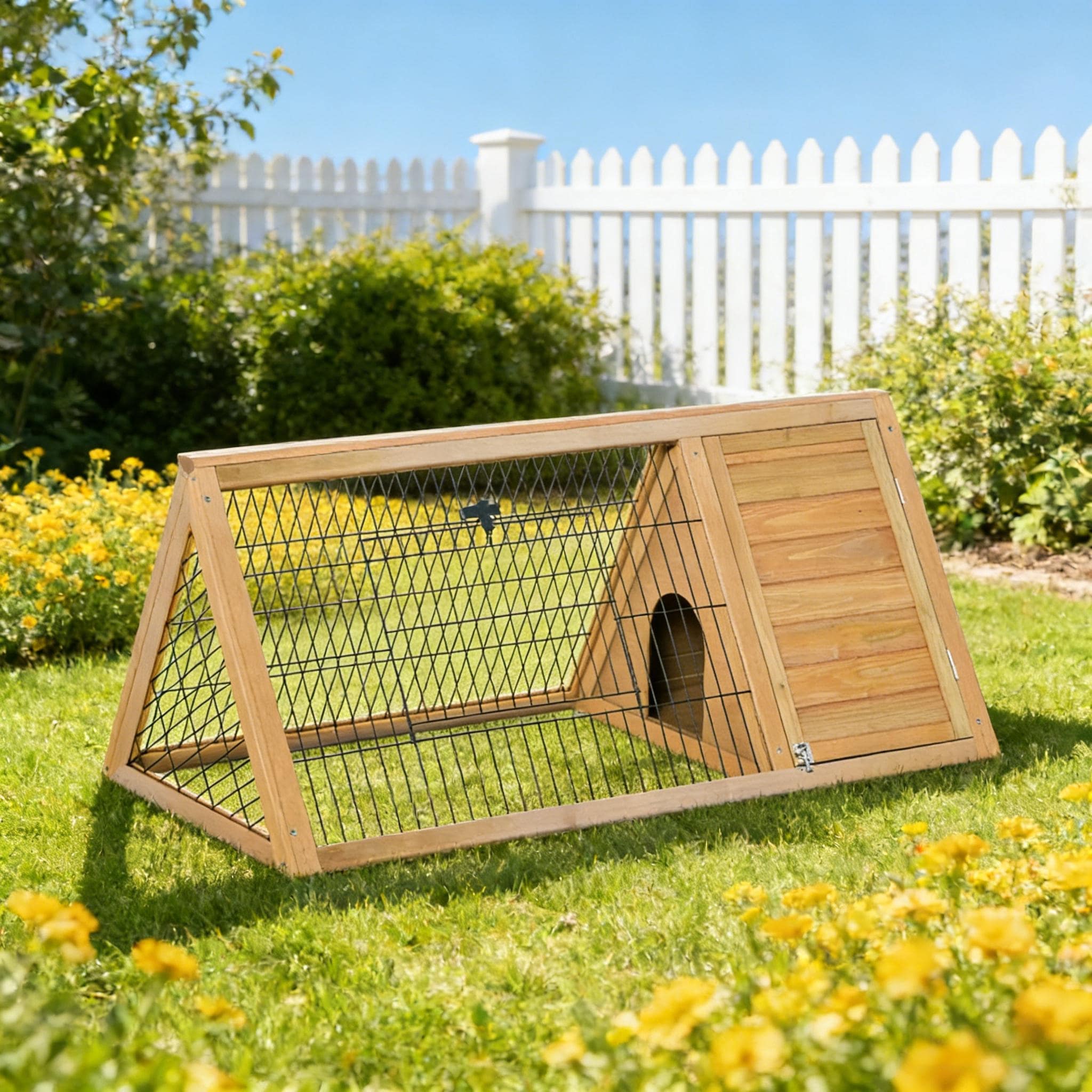 A Frame Wooden Pet House Small Animal Cage Rabbit Hutch Is Designed For Convenient Cleaning Yellow