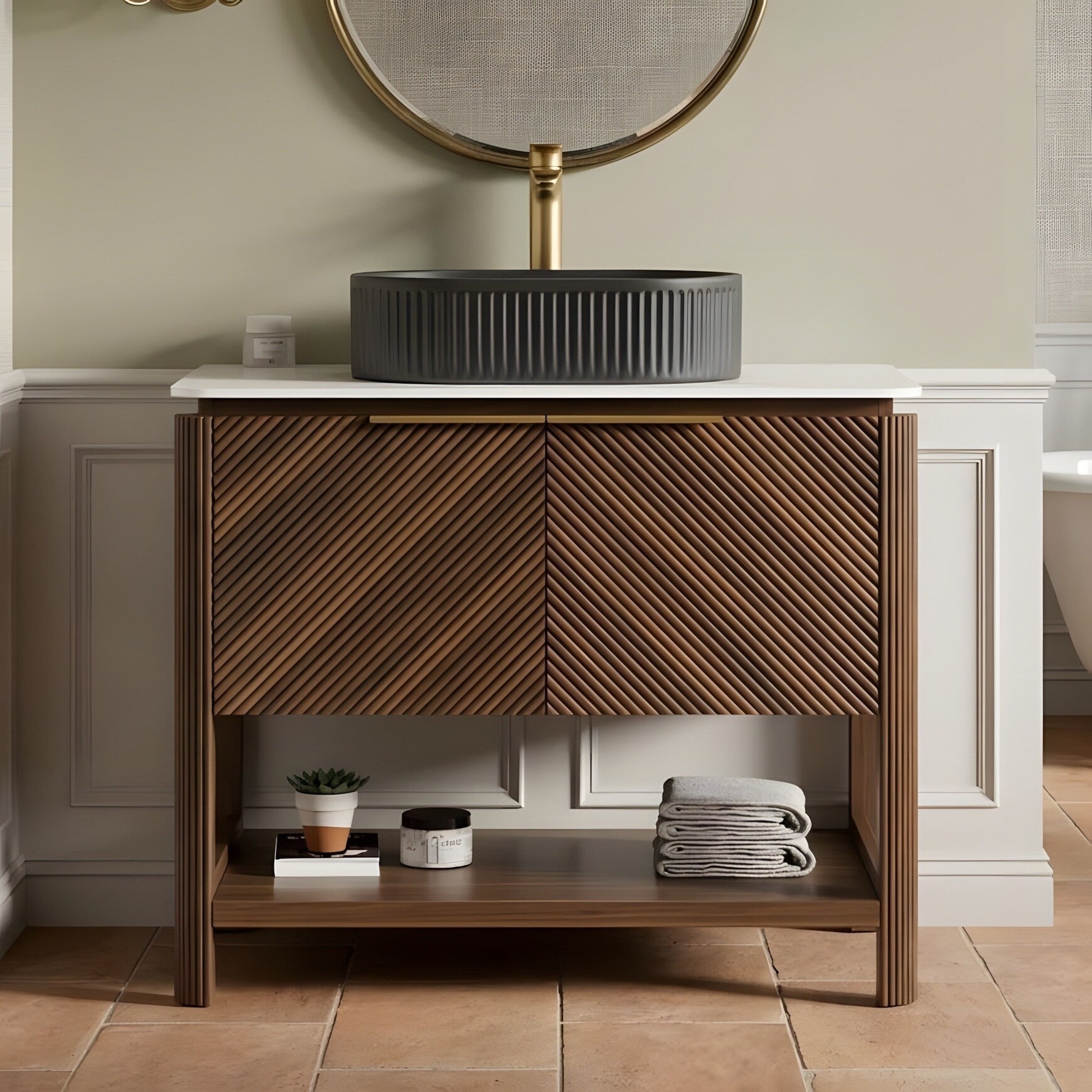 A Bathroom Vanity With A Sink Featuring Two Louvered Doors And An Oval Basin 35.83