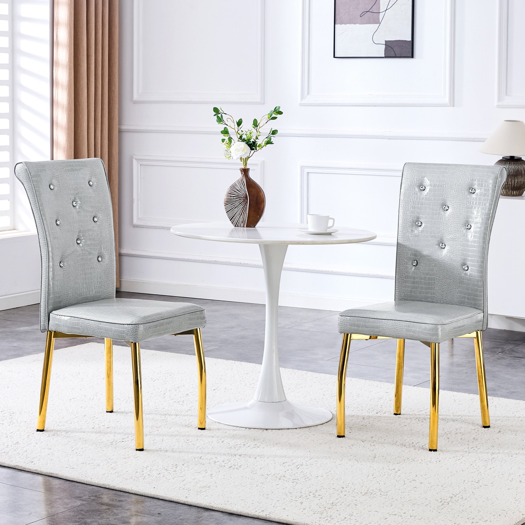 A Set Of 2 Vintage Crocodile Leather Cushioned Dining Chairs Featuring Crystal Clasp Design And Artificial Leather Design
