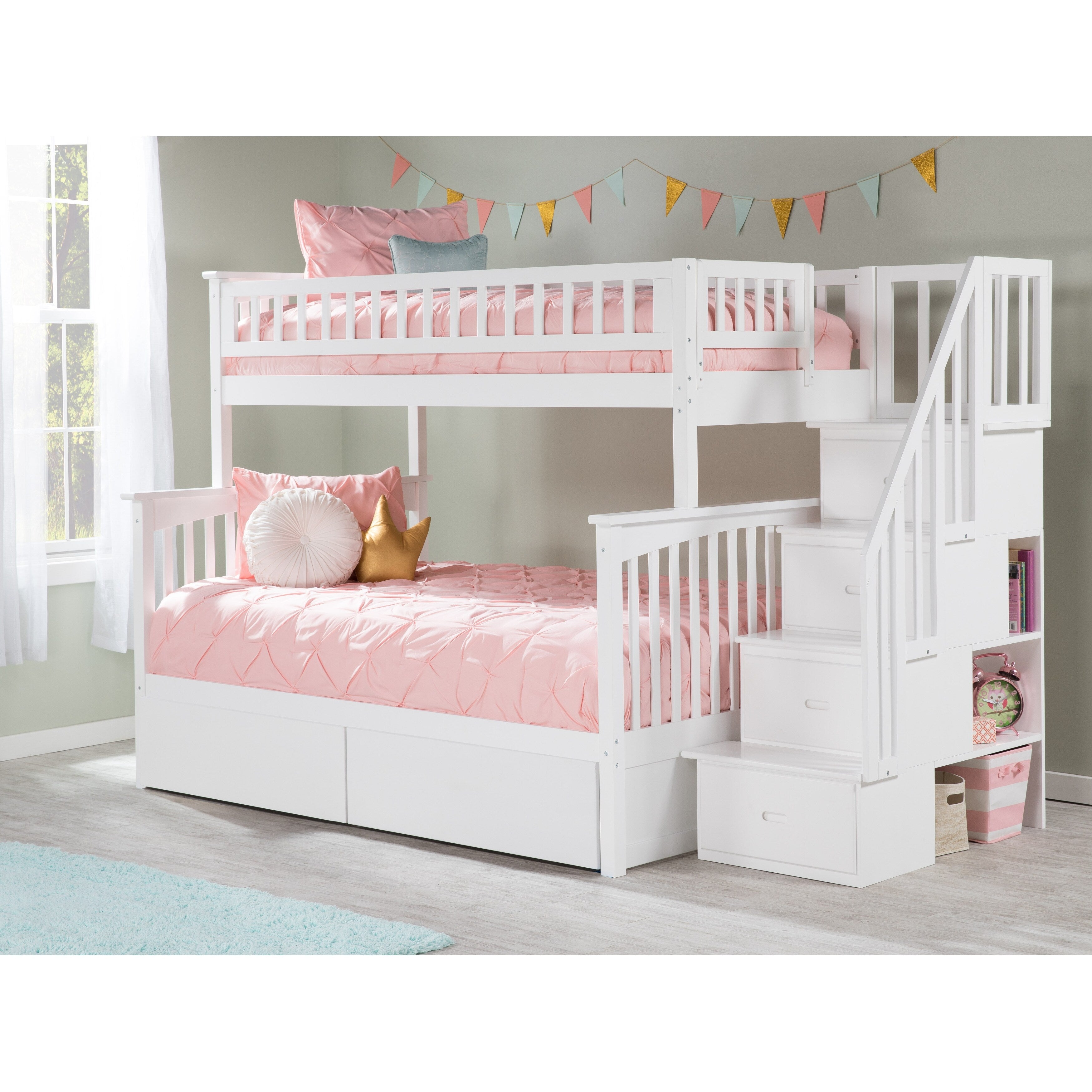 Columbia Staircase Bunk Bed Twin Full With 2 Bed Drawers White