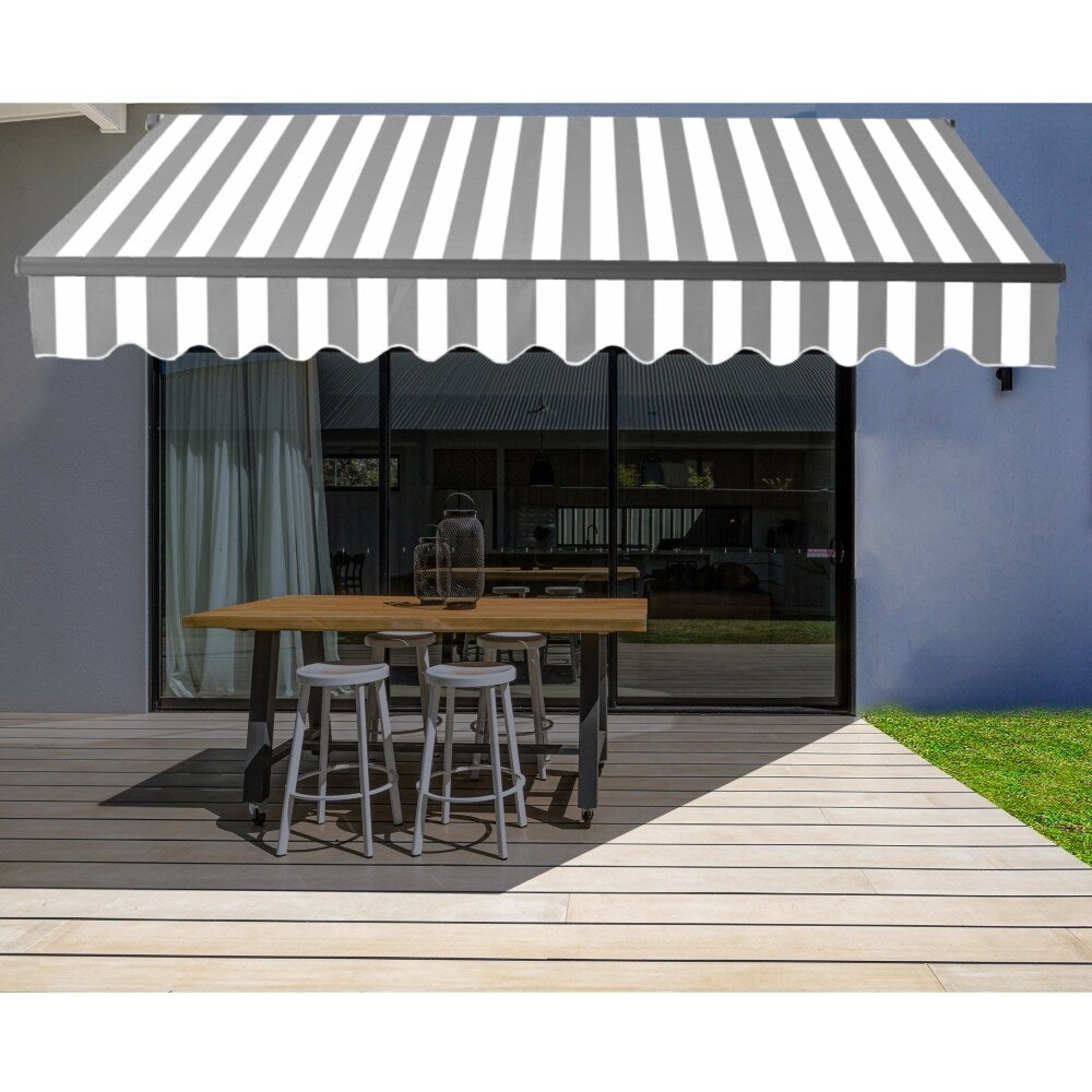 Aleko Black Frame Motorized Retractable Home Patio Canopy Awning 10X8 Grey White