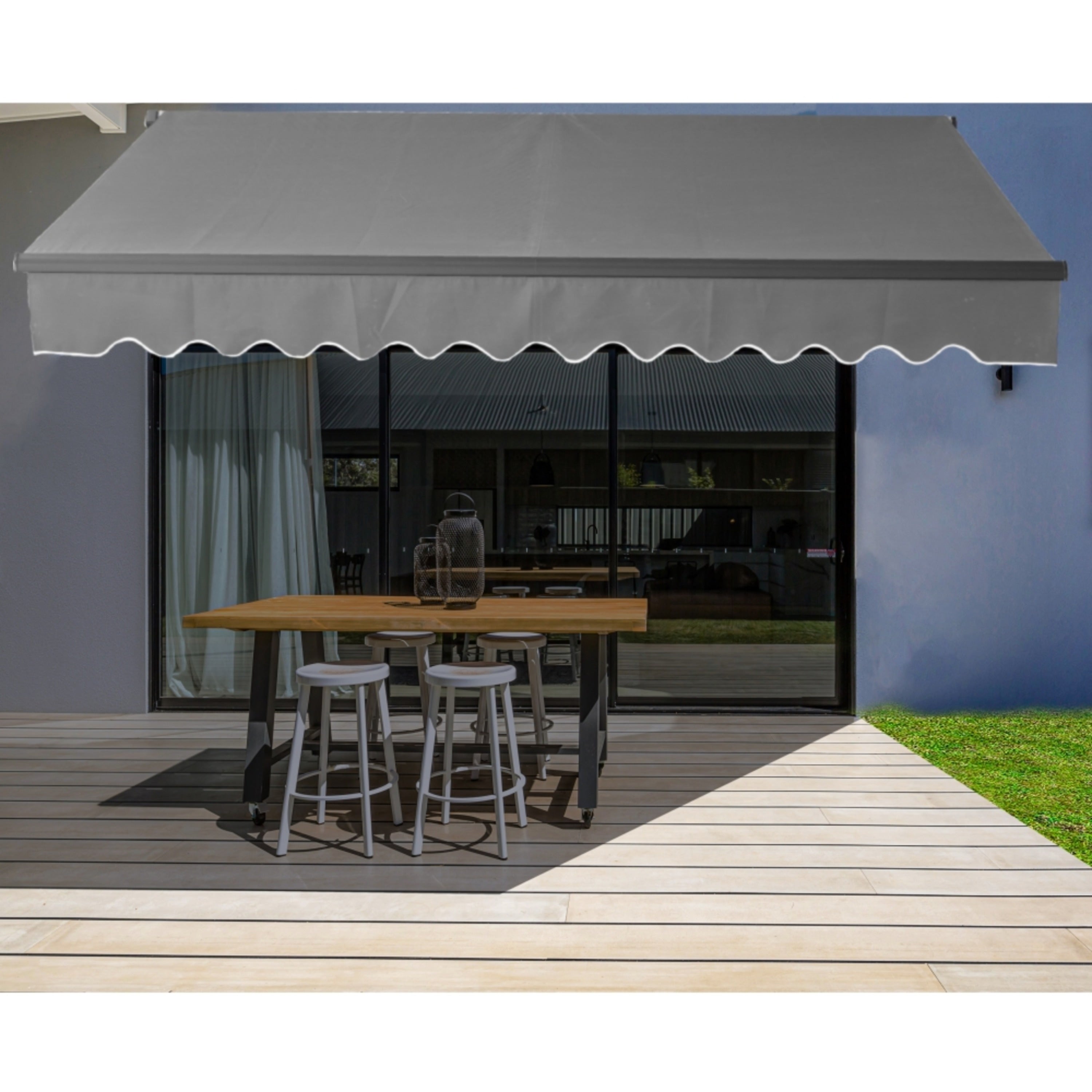 Aleko Motorized Black Frame Retractable Home Patio Canopy Awning 12X10 Grey