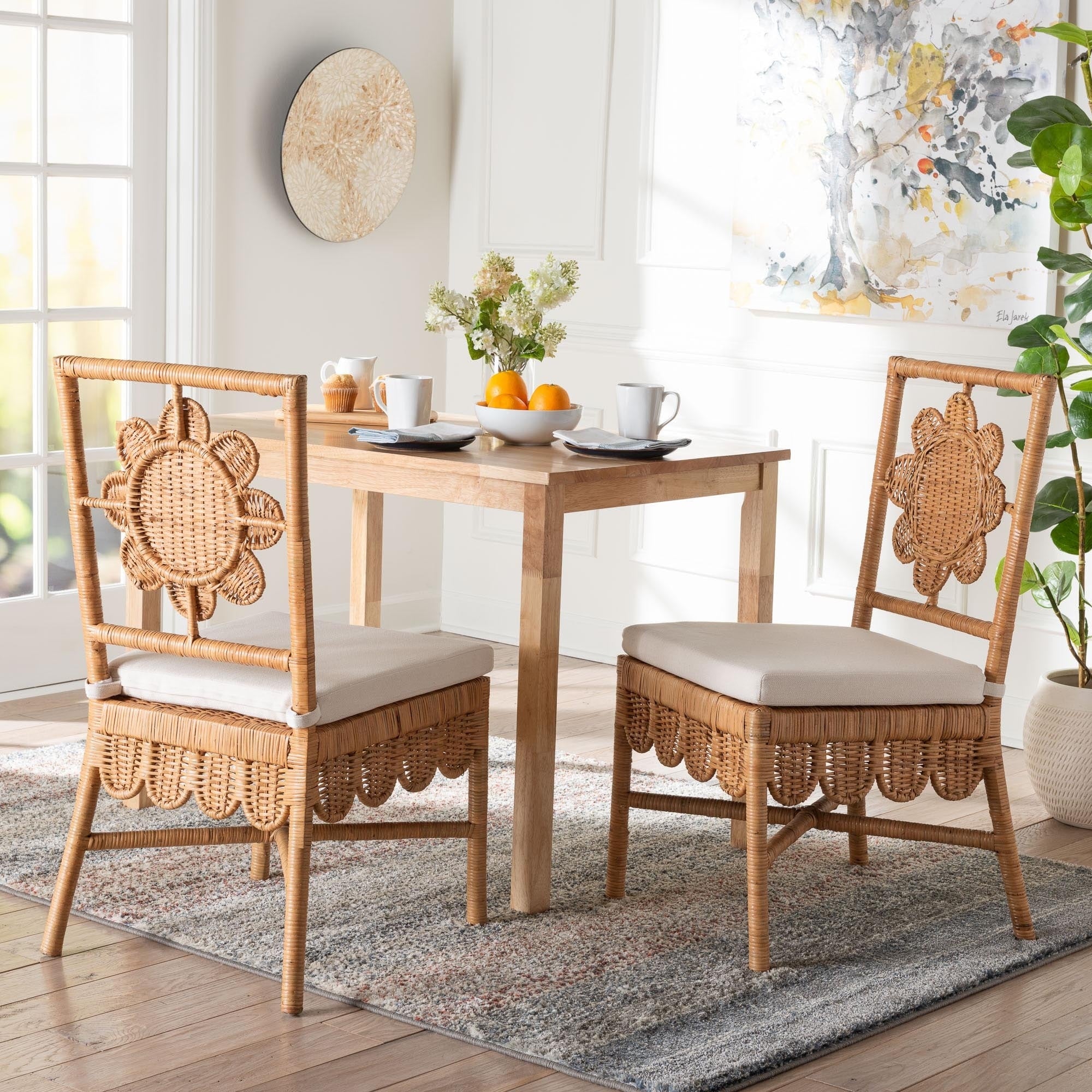 Abagale Natural Rattan Dining Chair Handwoven Wicker Accent Side Chair With Floral Back And Removable Cushion