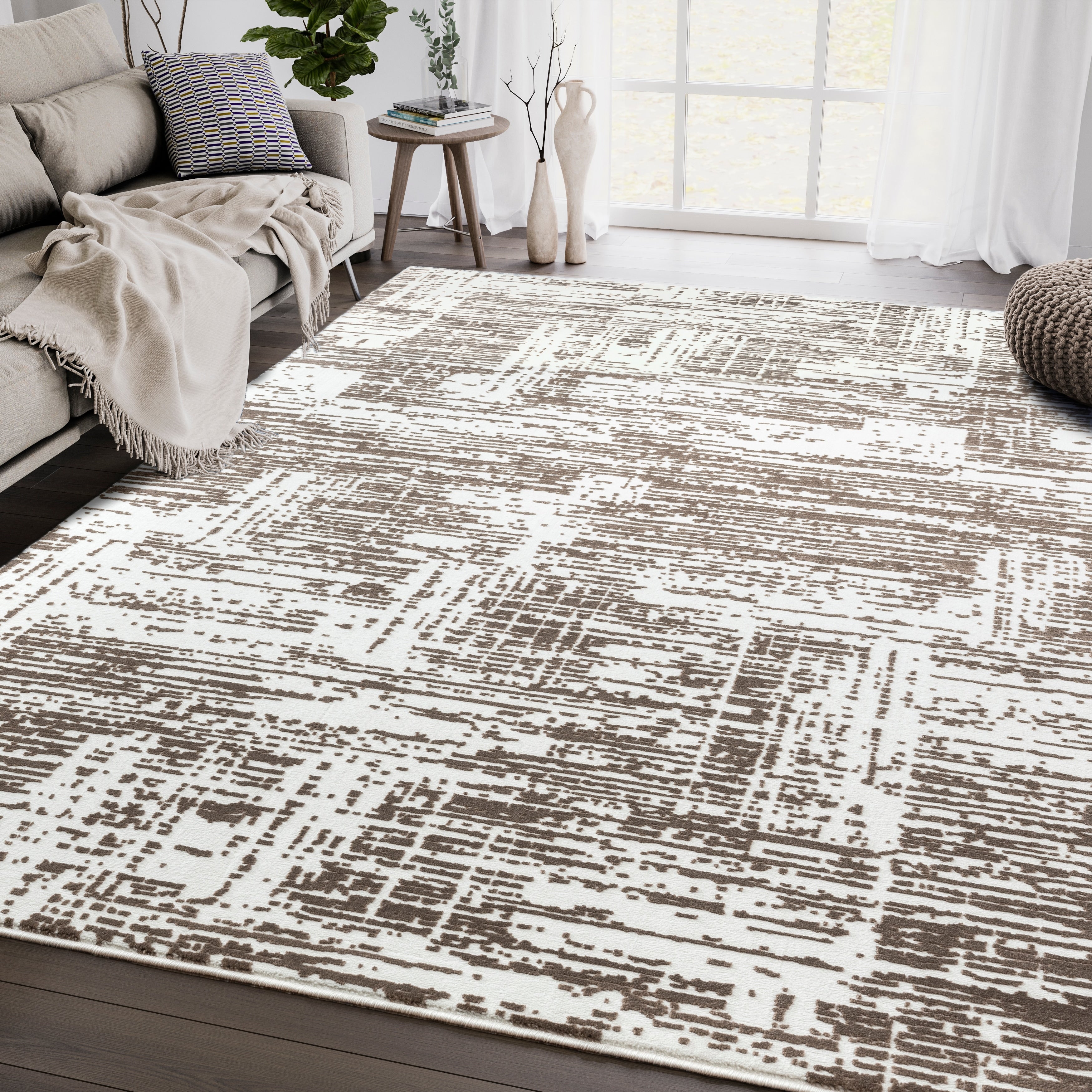 Abani Aspen Collection Asp110B Contemporary Beige Grid Area Rug