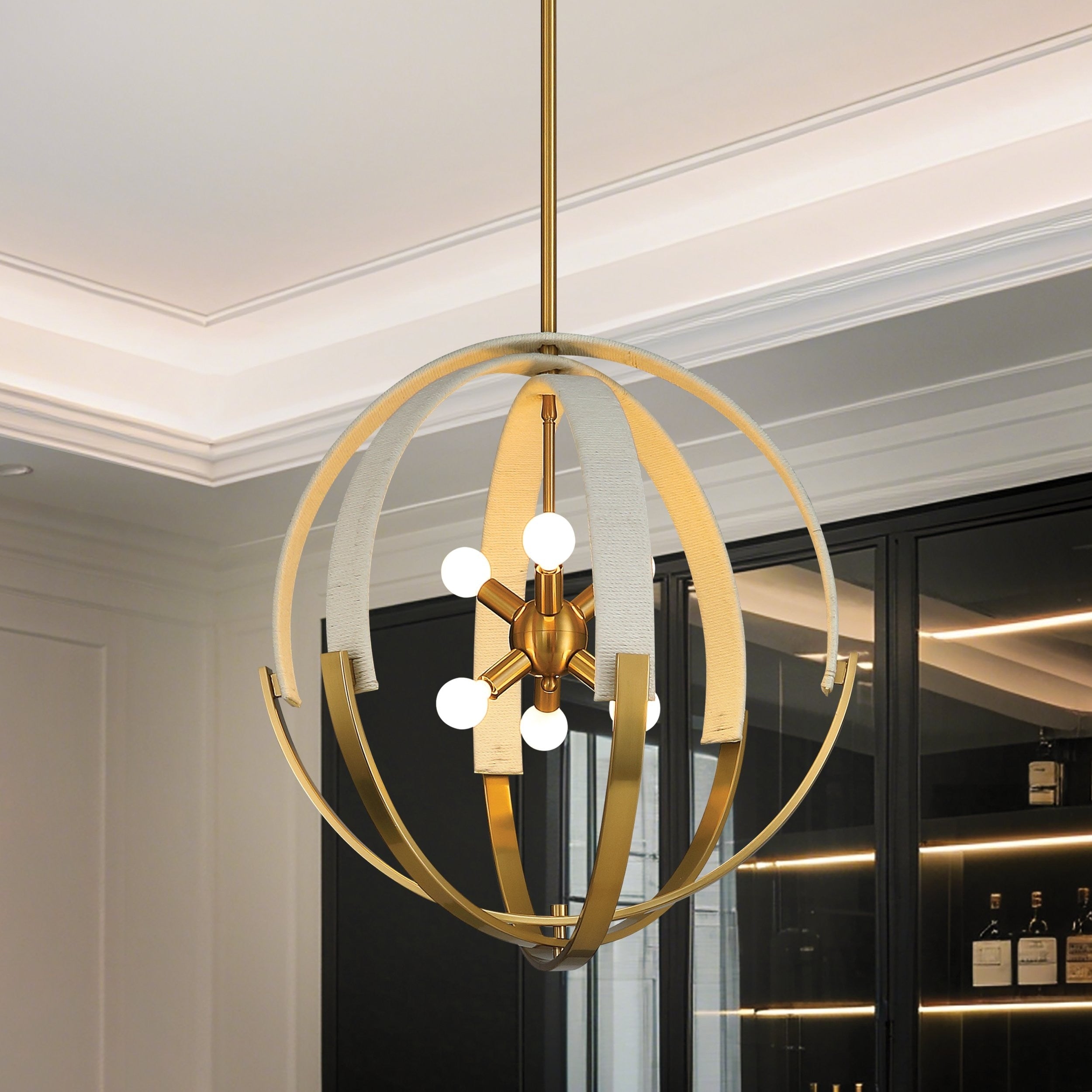 Abbey 23 Inch 6 Light Brass And Cream Cotton Rope Chandelier L 23.5 X W 23.5 X H 25.75 X M H 82.75