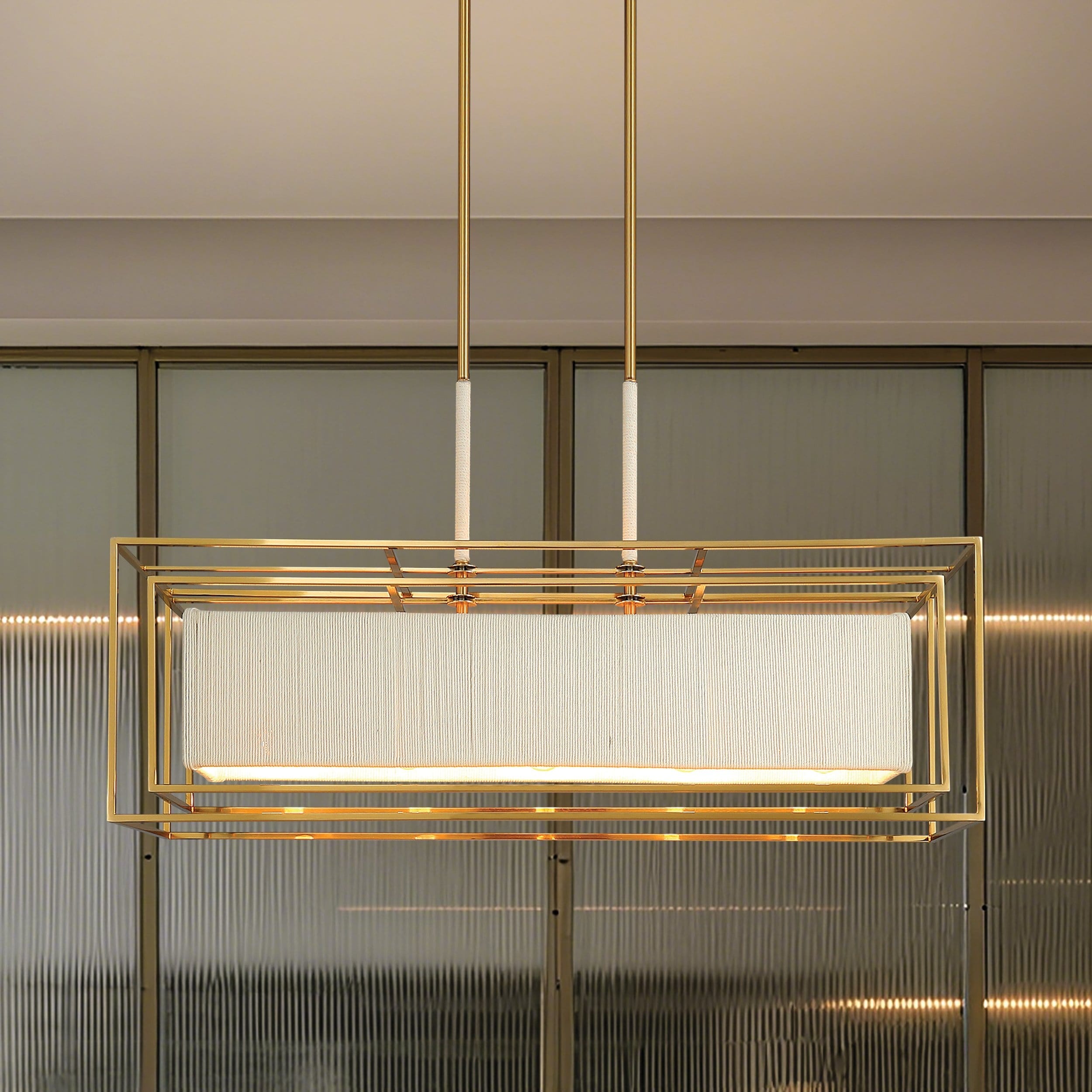 Abbey 42 Inch 5 Light Brass Linear Chandelier With Cream Cotton Rope Shade L 42.25 X W 13.75 X H 23.25 X M H 84.25