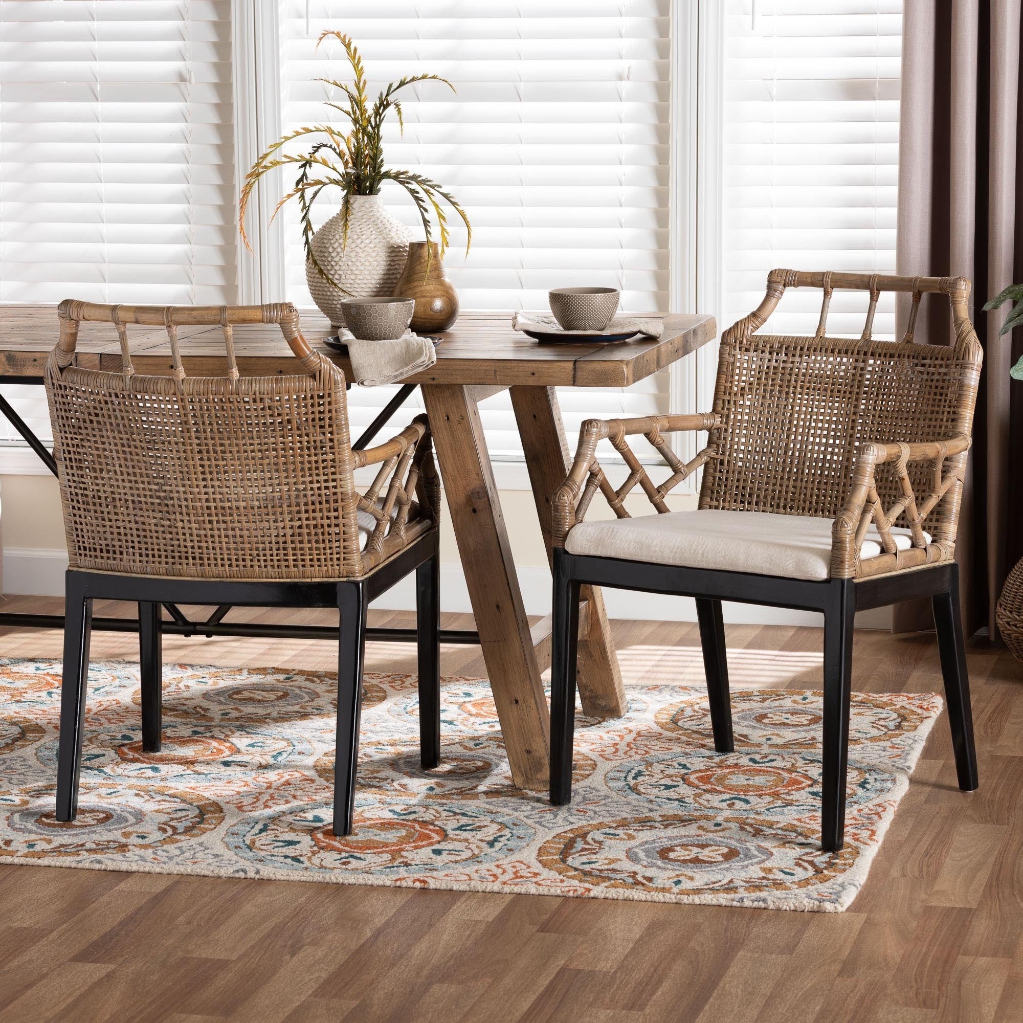 Abiel Natural Rattan Dining Armchair With Cushion Handwoven Wicker Chair With Mahogany Wood Frame Coastal Boho Seating