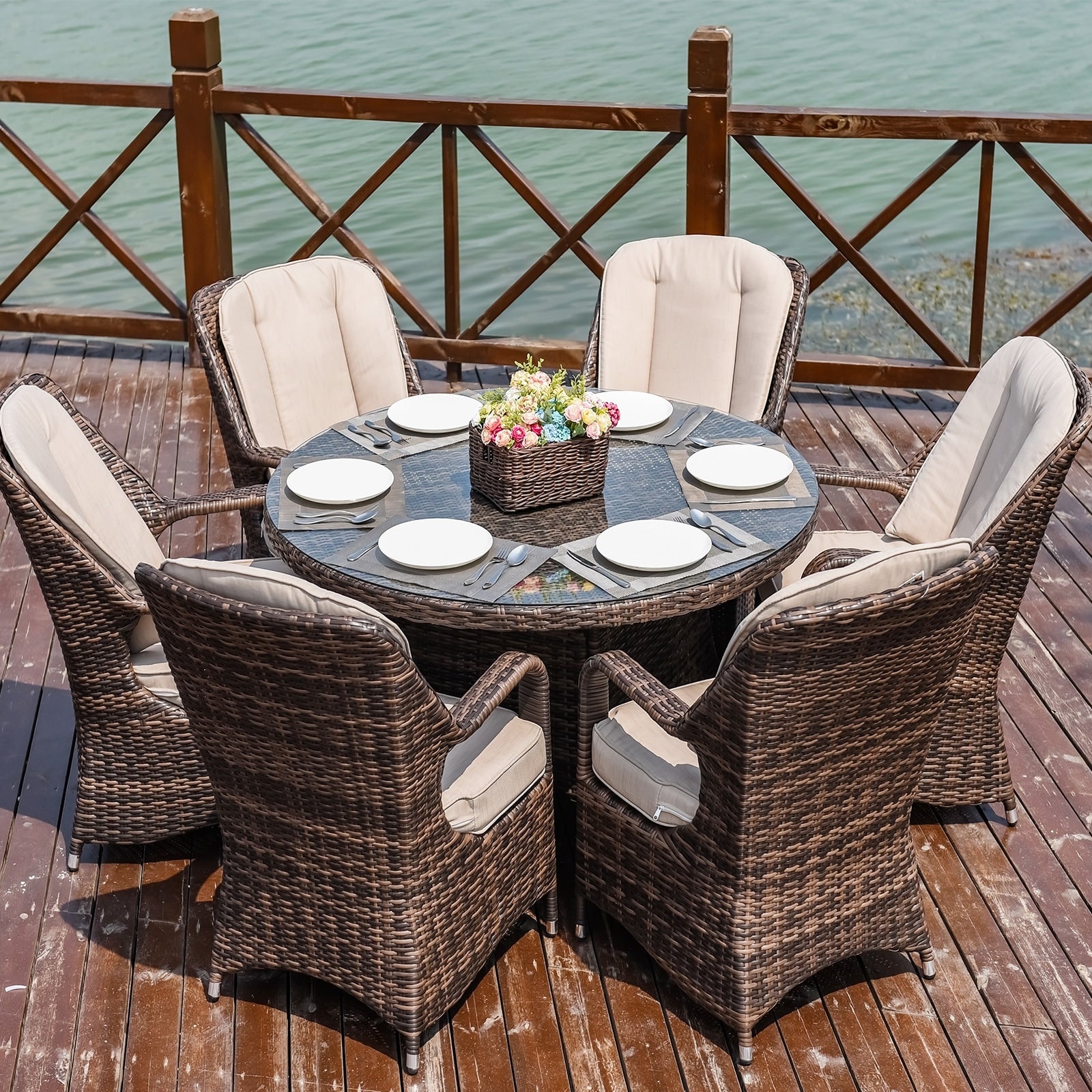 7 Piece Outdoor Wicker Dining Table Set With 6 Eton Chair By Moda Furnishings