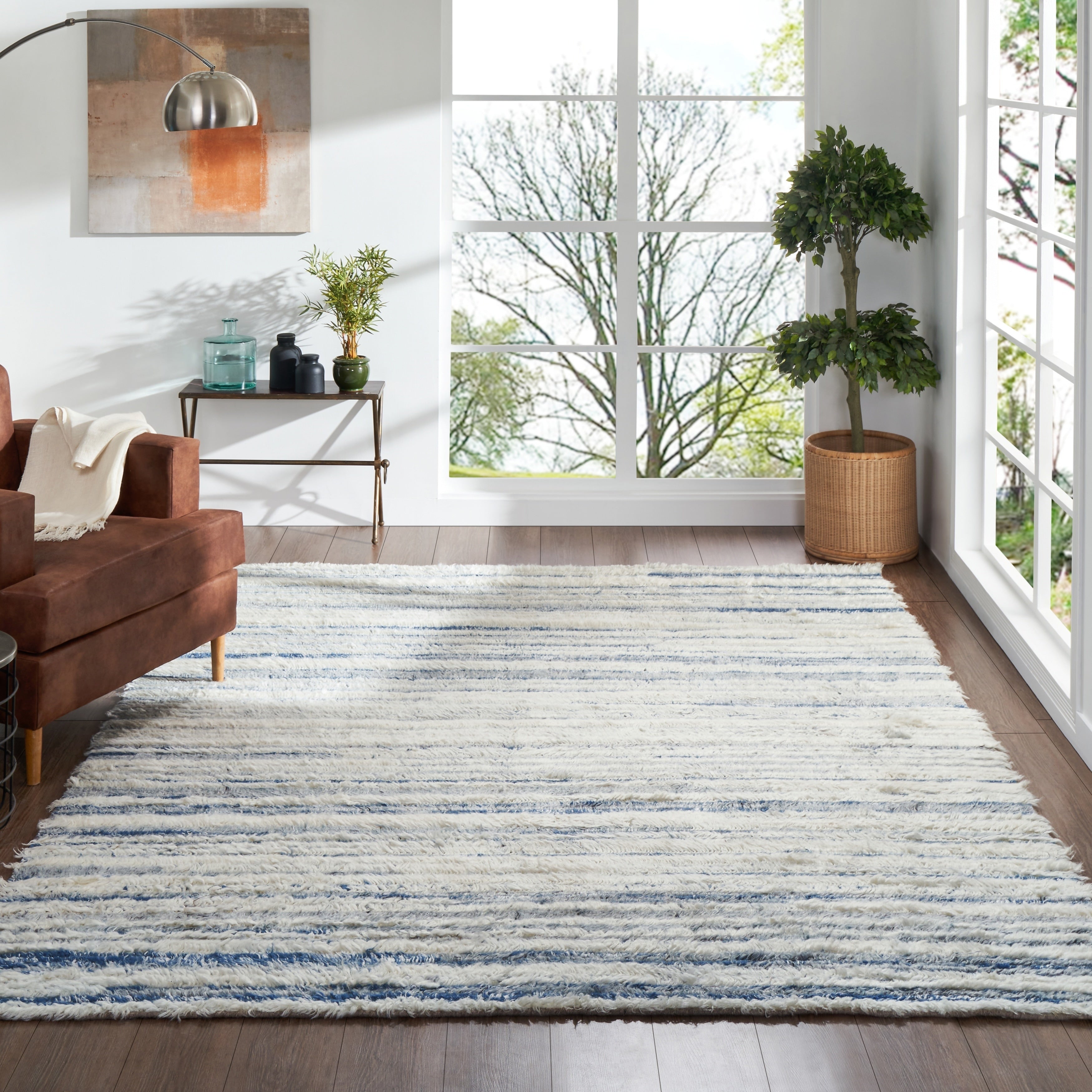 Abstract Shag Blue White Area Rug