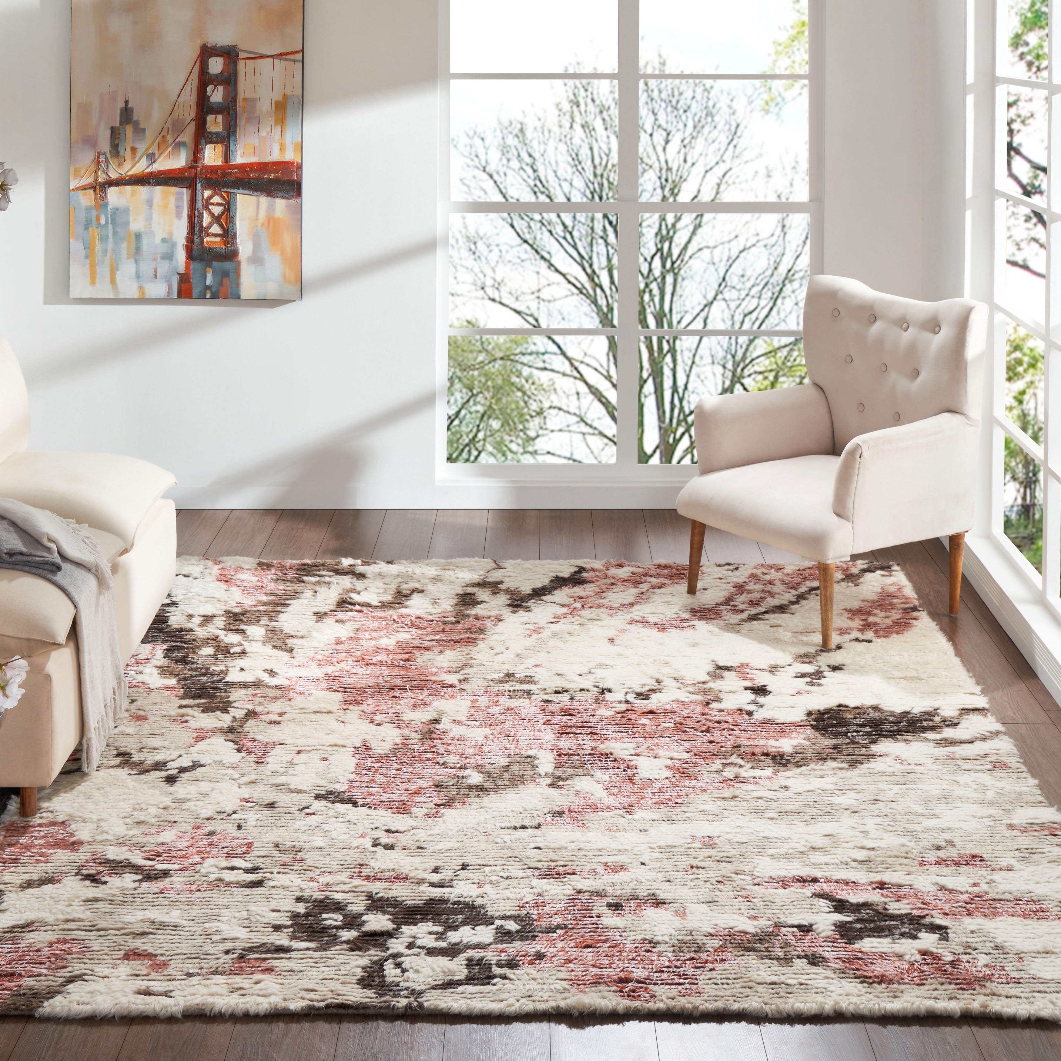 Abstract Shag Pink White Area Rug