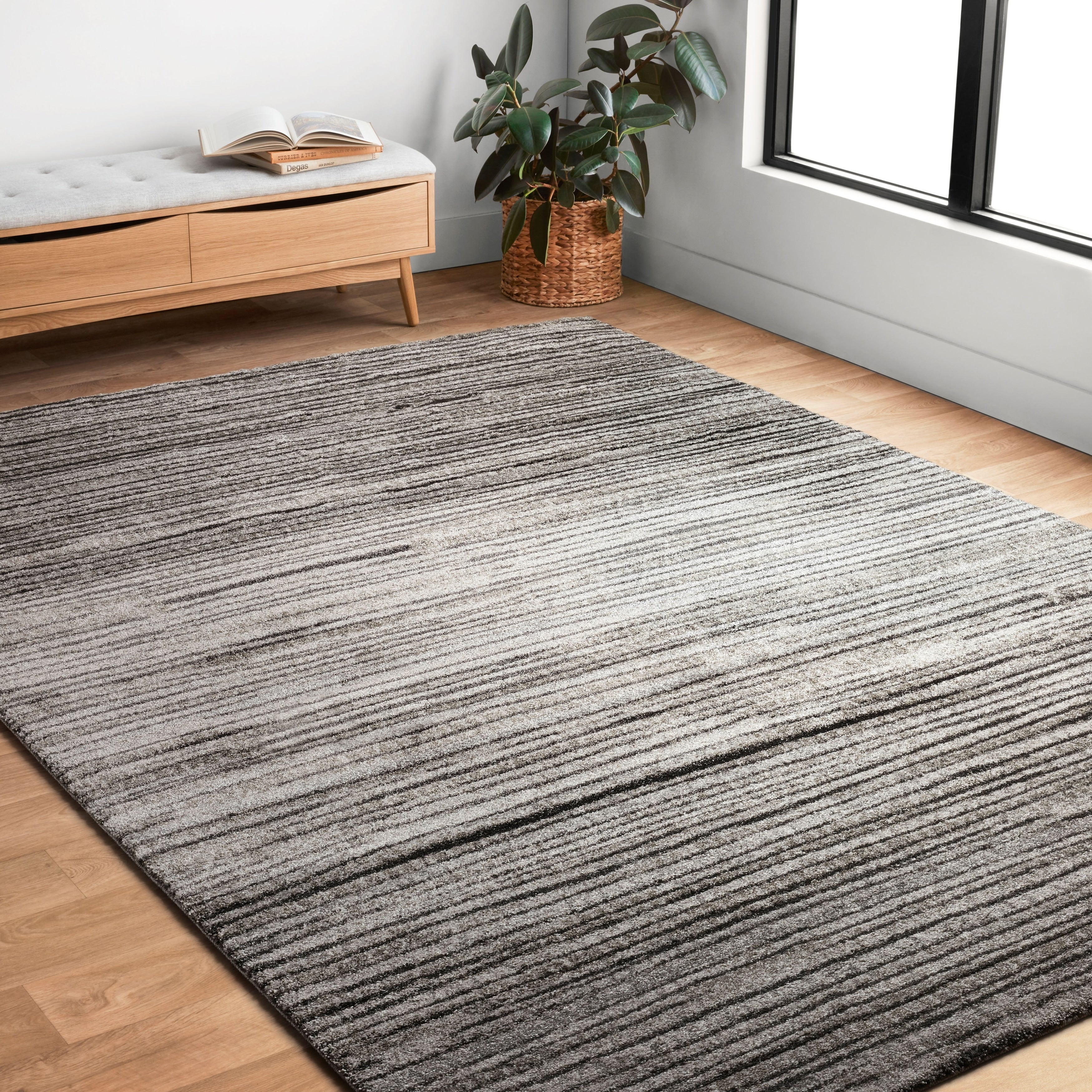 Abstract Transitional Grey Black Stripe Rug 92 X 127