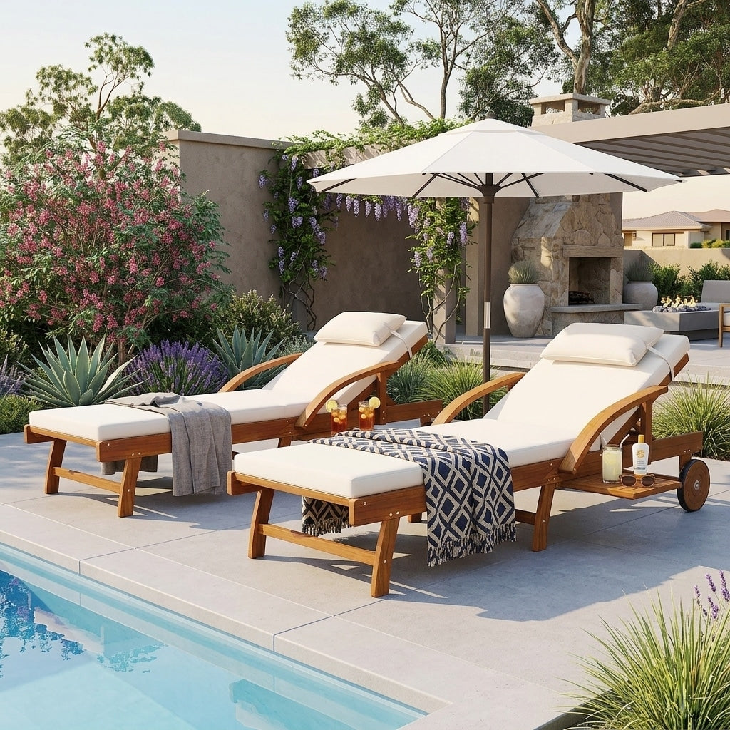 Acacia Patio Chaise Lounge Chair Set With Hidden Tray Rolling Wheels By Leisure Zone