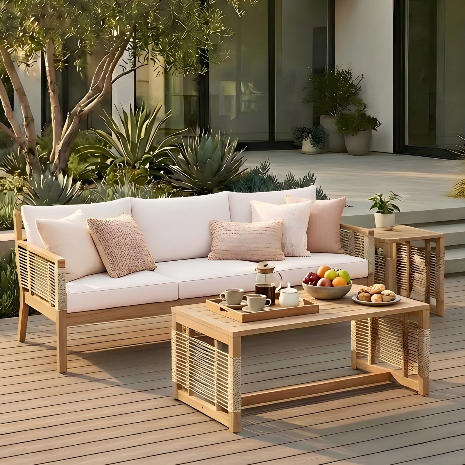 Acacia Wood 3 Seater Outdoor Patio Sofa Set With Coffee Tables