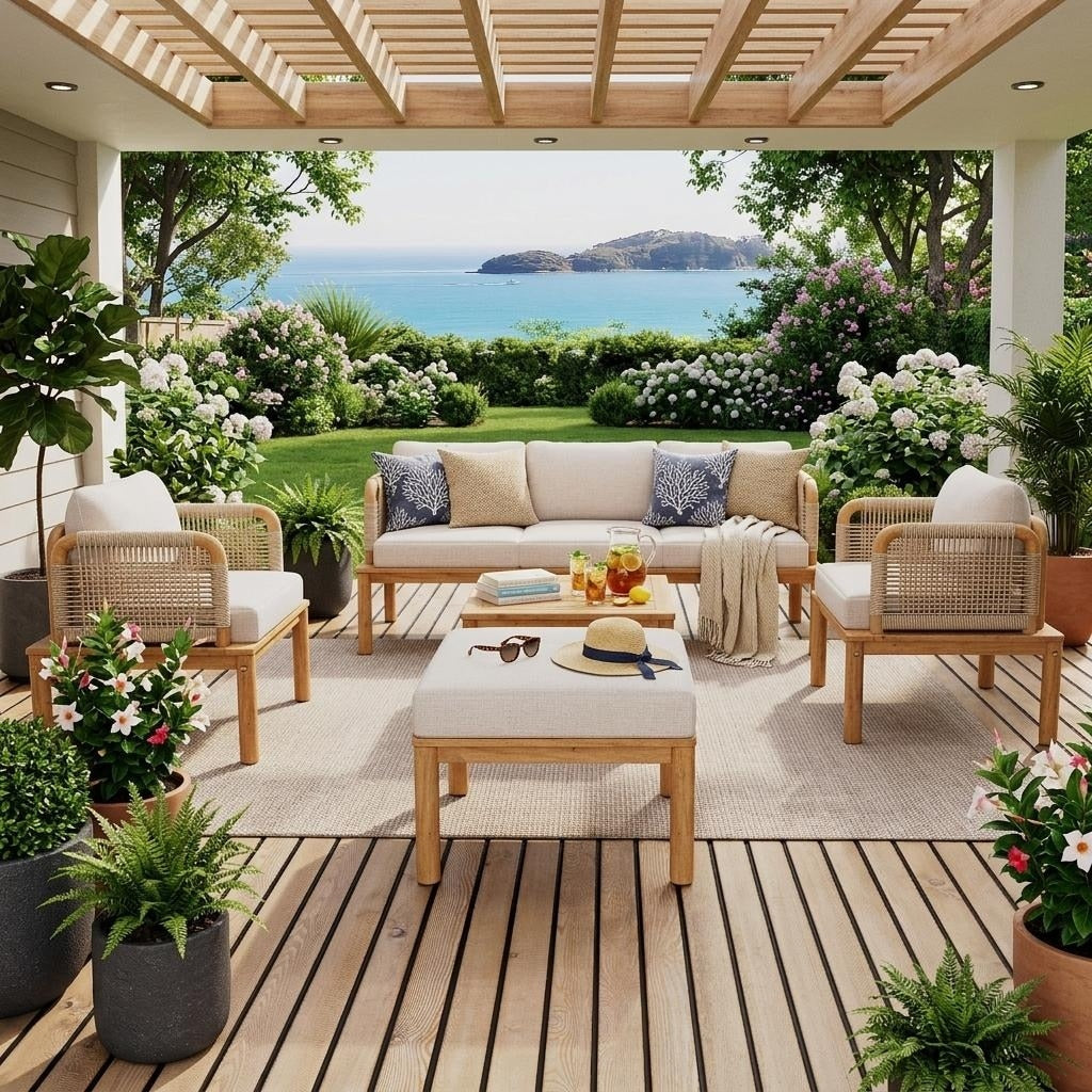 Acacia Wood Patio Sofa Set With Handwoven Rope Arms By Leisure Zone