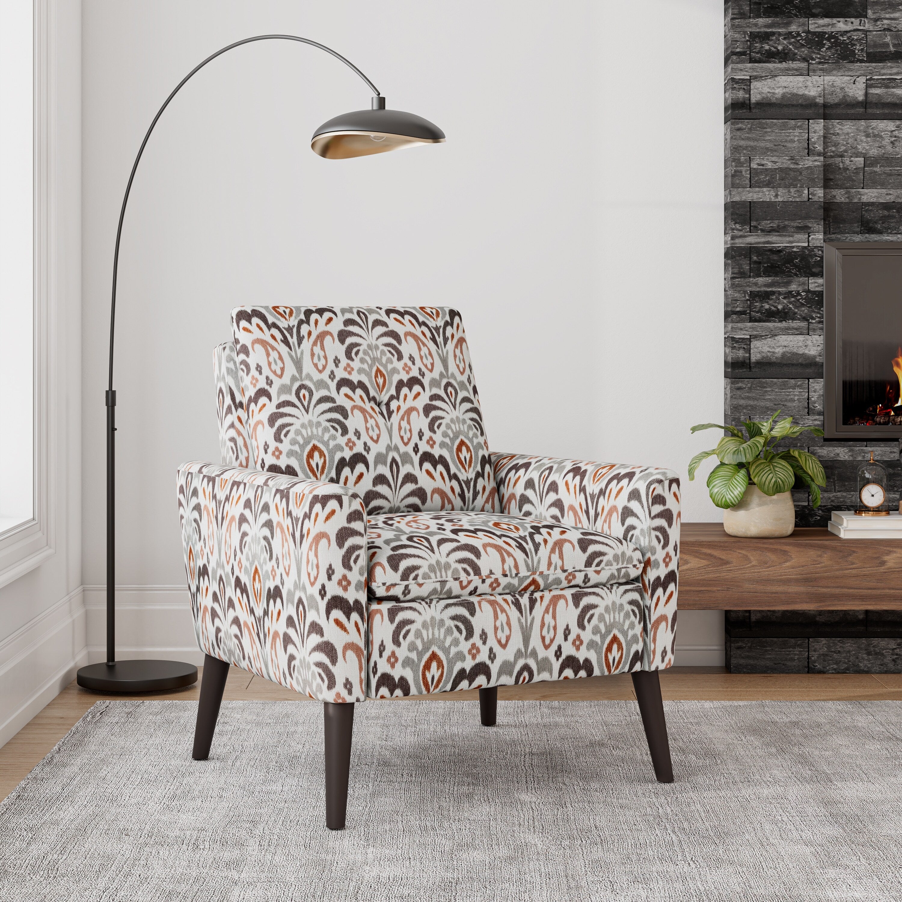 Accent Arm Chair In Damask Pattern With Dark Brown Solid Wood Legs