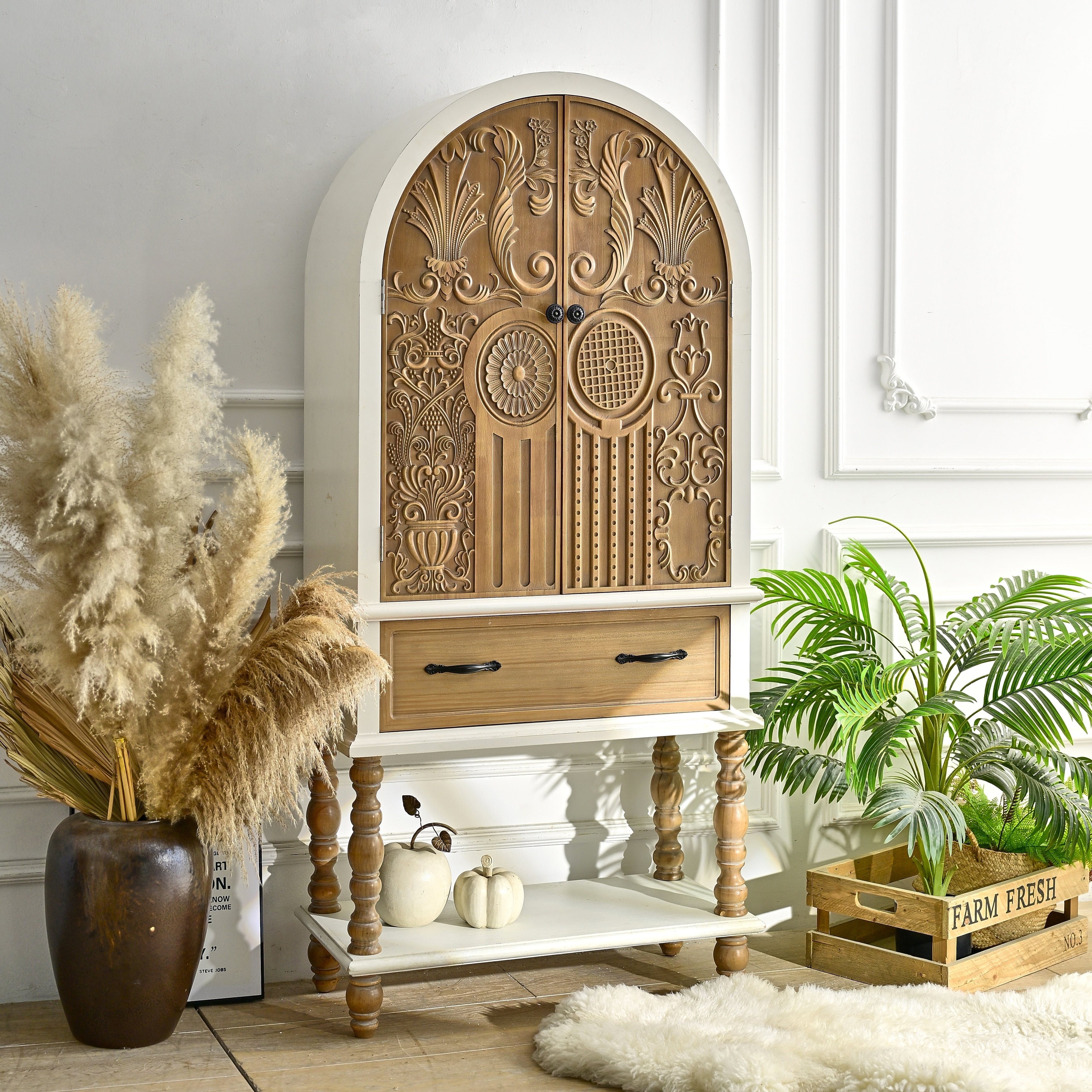 Accent Cabinet Natural White Sideboard Cabinet With Drawer Arched Kitchen Cabinet Storage Cabinet With Shelf