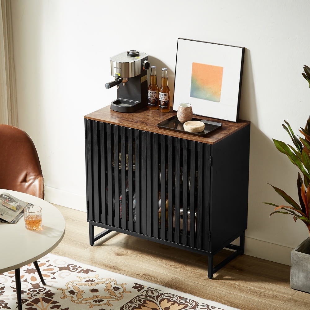 Accent Cabinet With Slatted Grille Striped Doors Freestanding Wooden Buffet Cabinet Storage Cabinet With Metal Legs