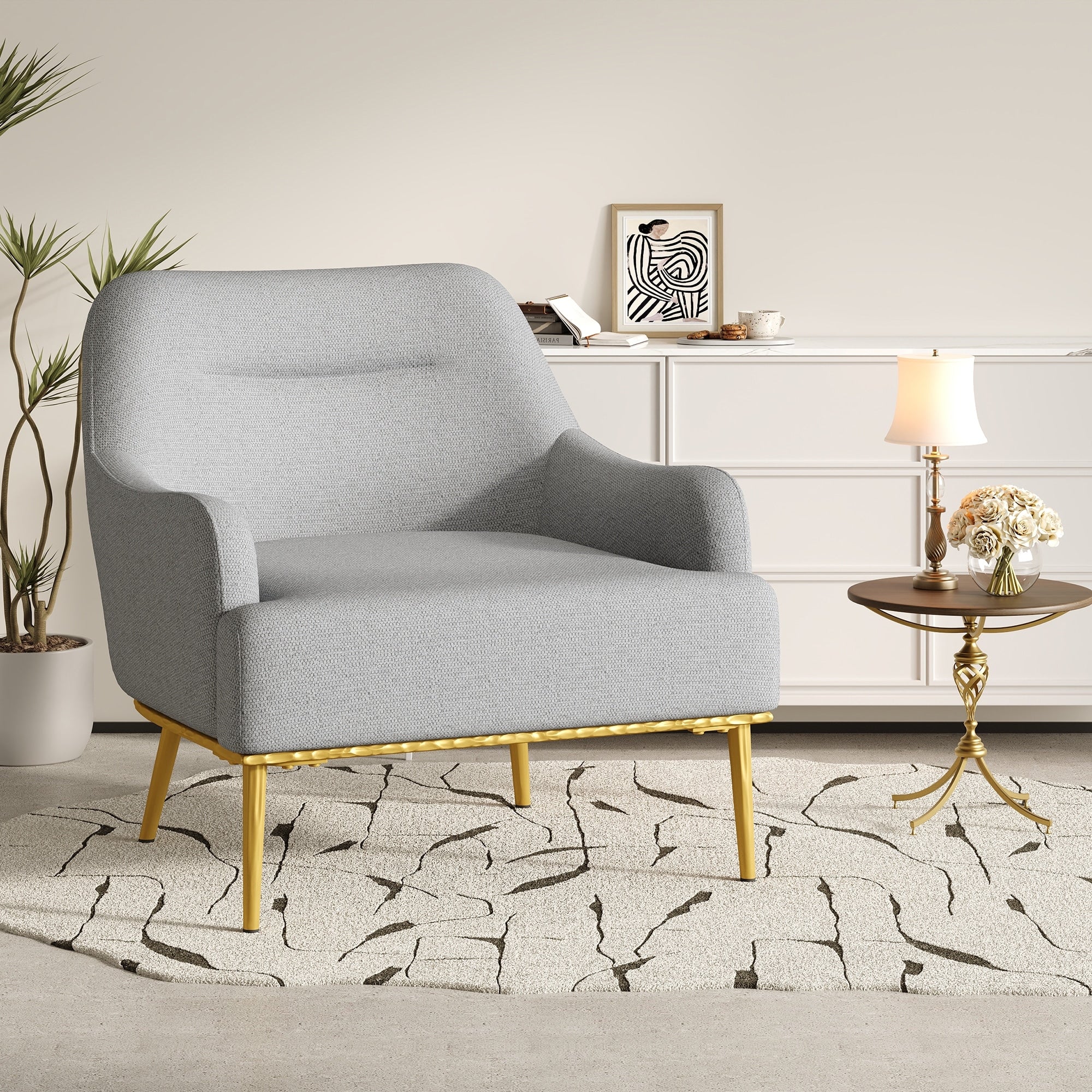 Accent Chair Grey Upholstered Armchair Sofa Chair With Curved Backrest Vanity Chair Reading Chair With Metal Legs