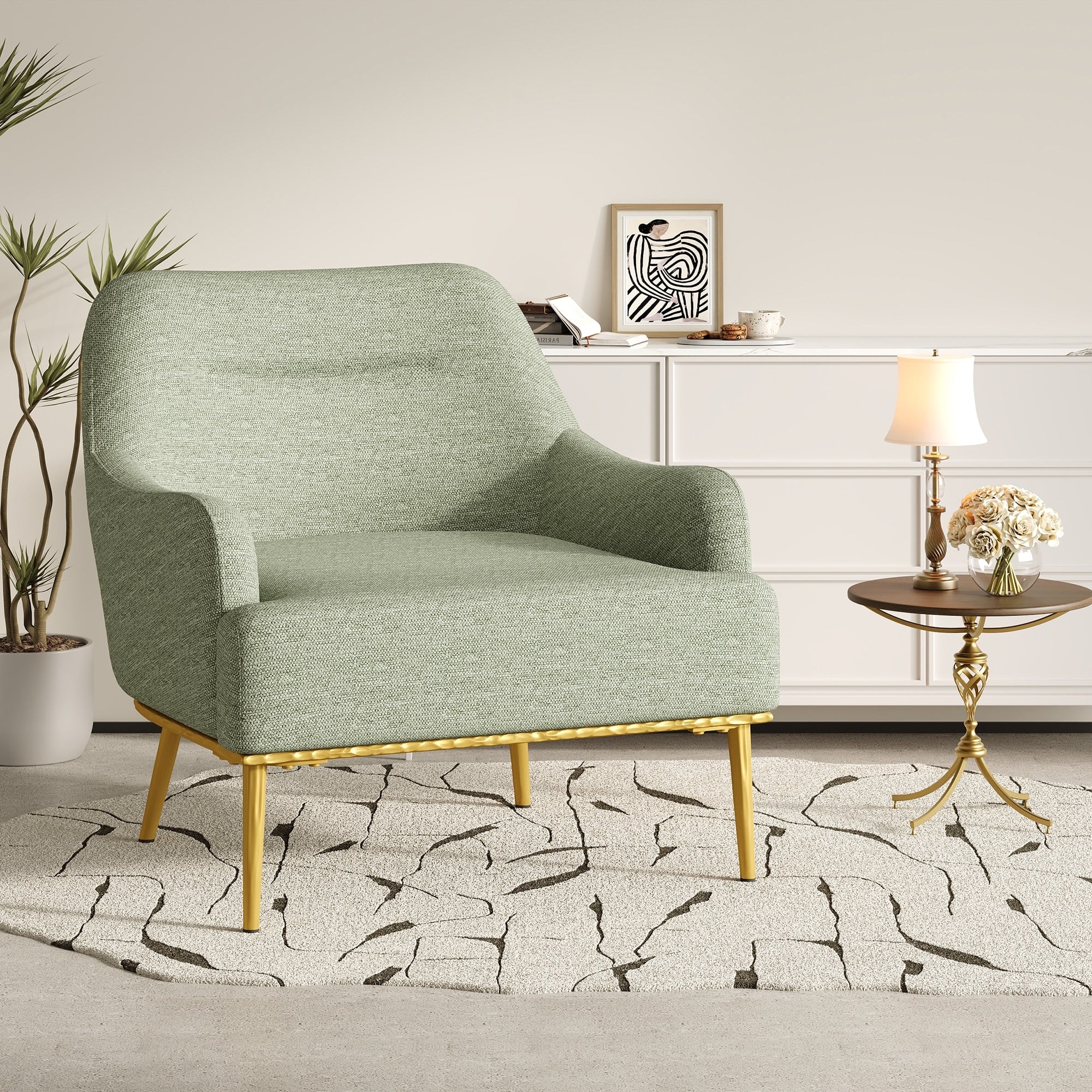Accent Chair Upholstered Armchair Sofa Chair With Curved Backrest Green Vanity Chair Reading Chair With Metal Legs