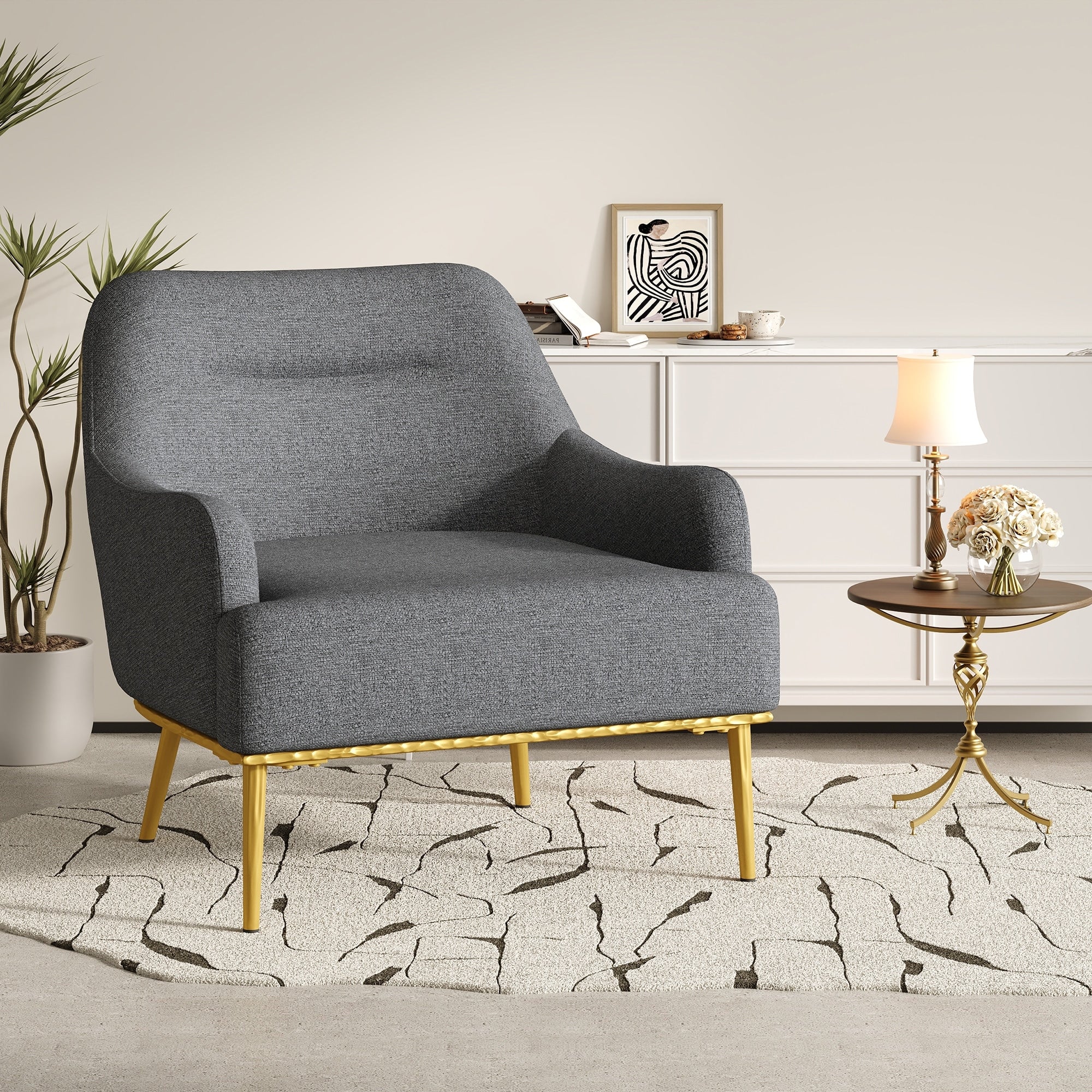 Accent Chair Upholstered Armchair Sofa Chair With Curved Backrest Vanity Chair Dark Gray Reading Chair With Metal Legs