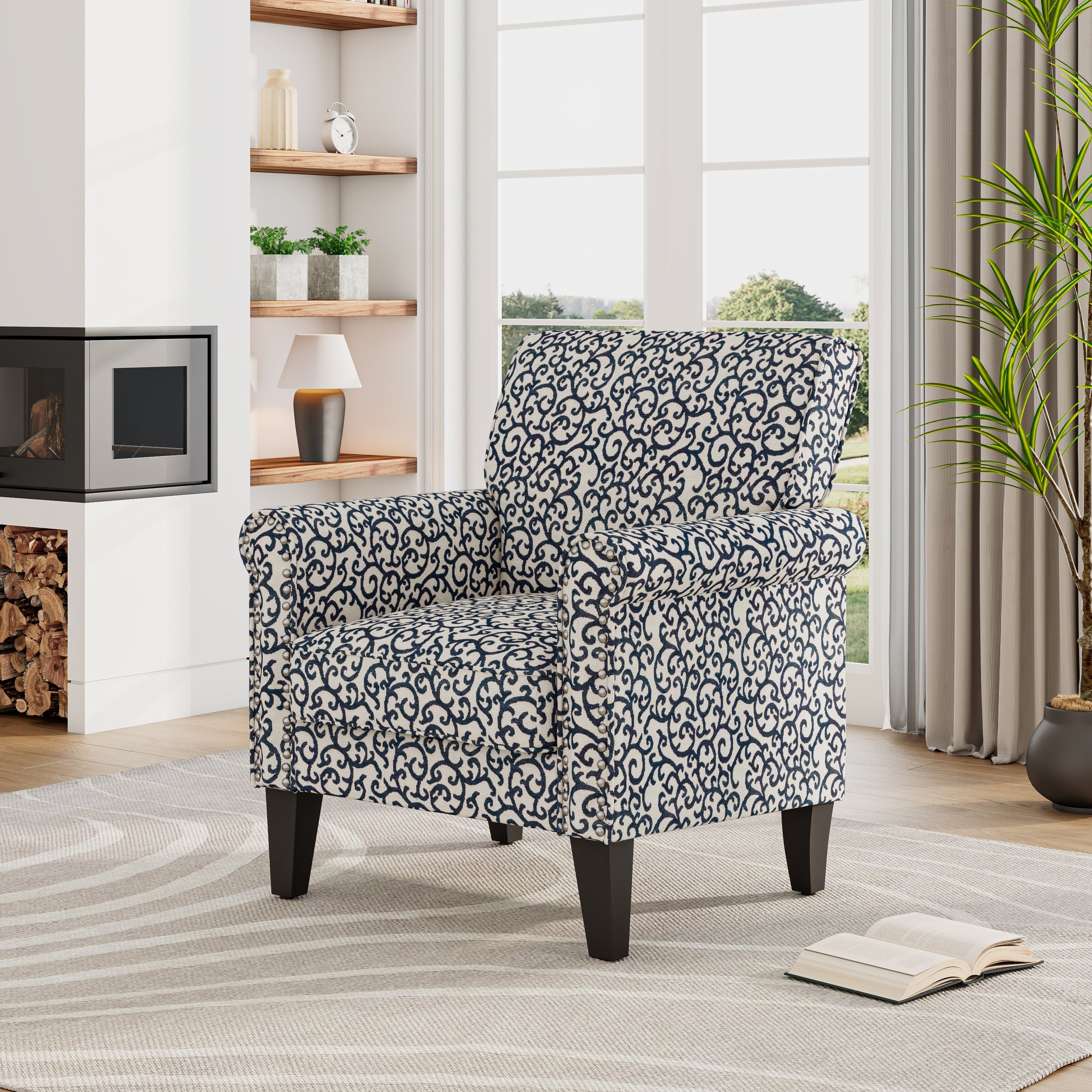Accent Chair In Curly Vine Pattern With Dark Brown Solid Wood Legs