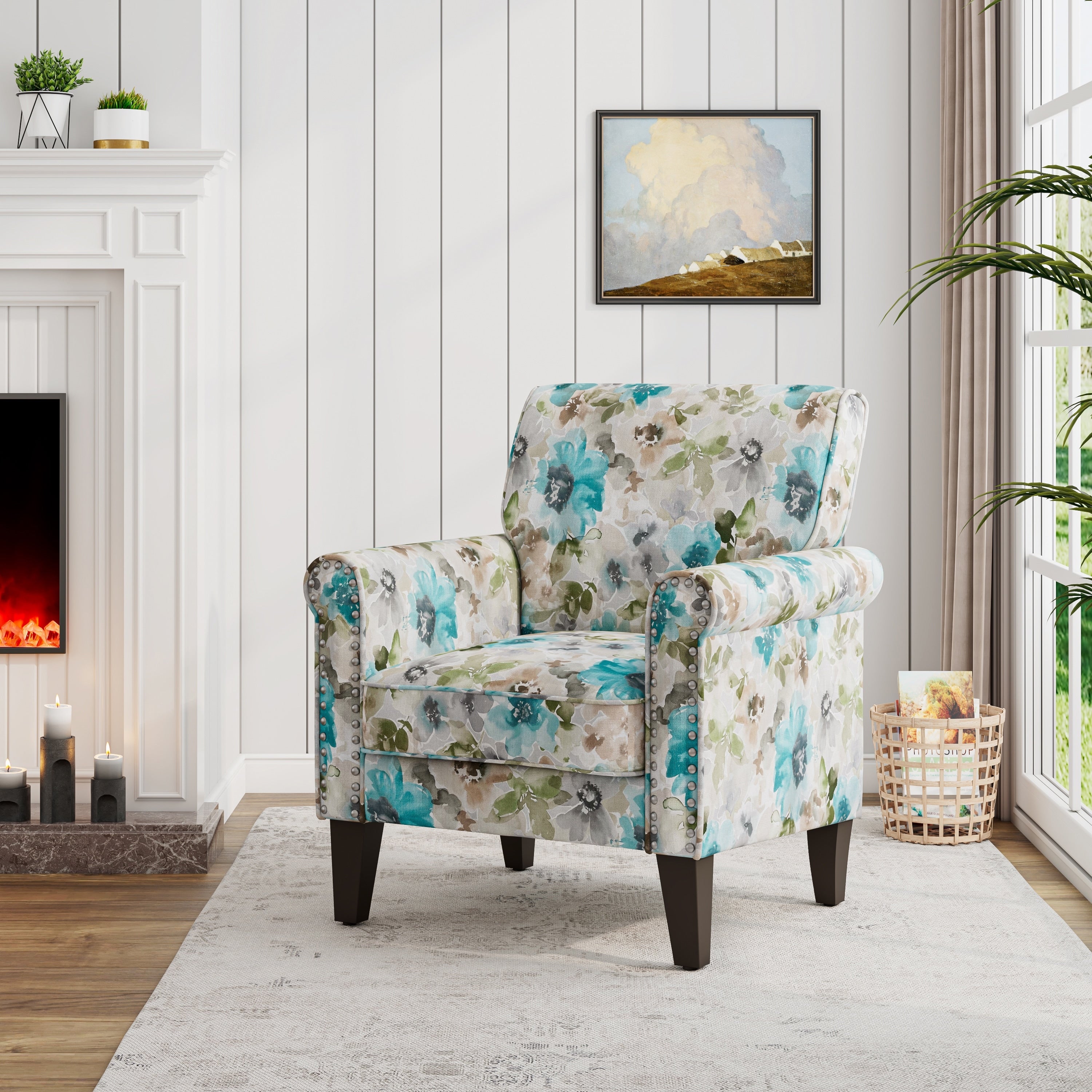 Accent Chair In Pastel Floral With Solid Wood Legs