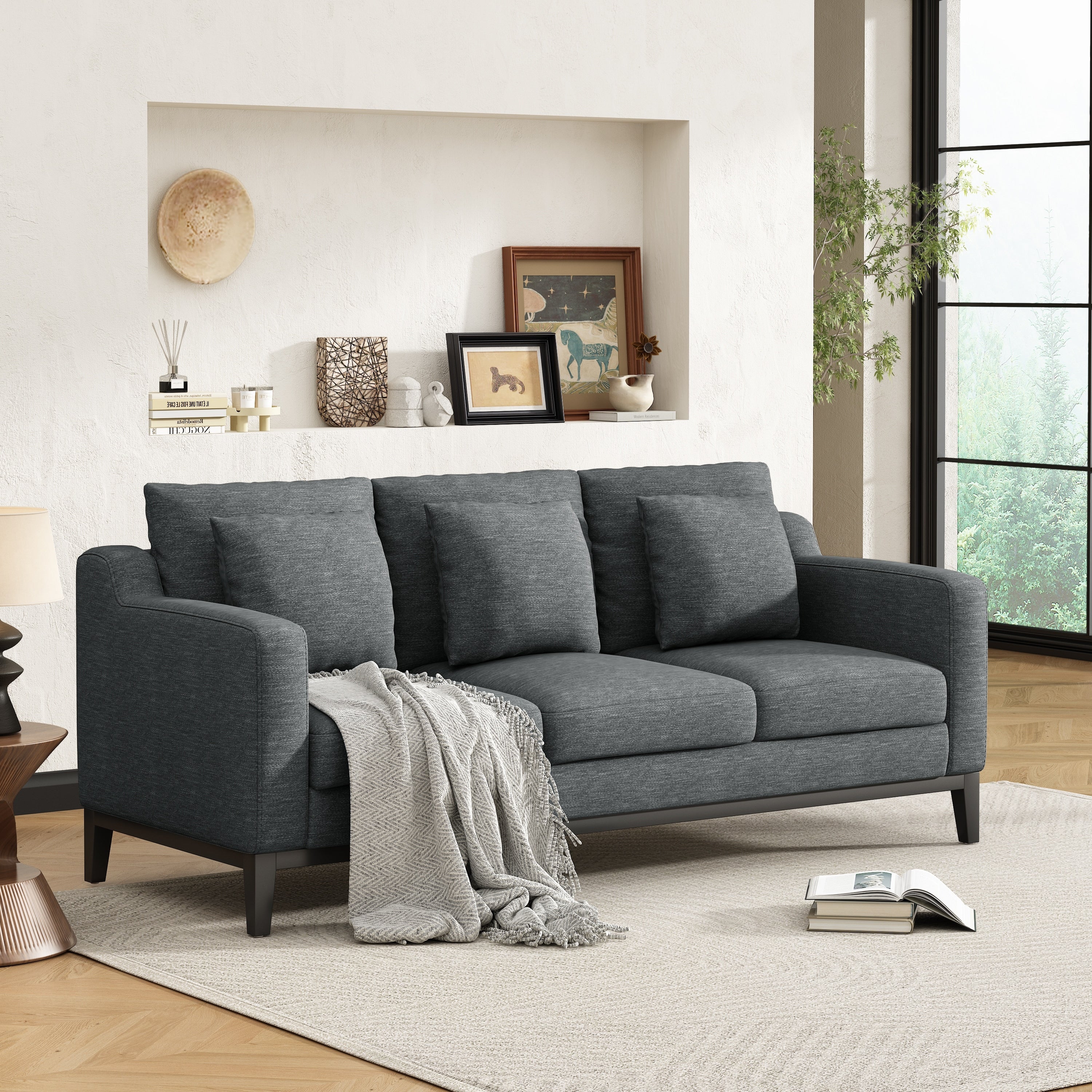 Accent Sofa 3 Seater Sofa Couch With Wood Legs Modern Settee Couch Charcoal Upholstered Sofa For Living Room