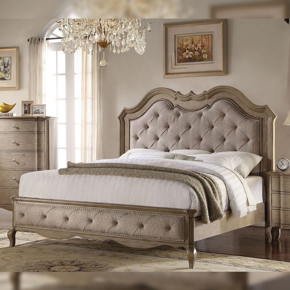 Acme Furniture Chelmsford Bed Tan Fabric And Antique Taupe