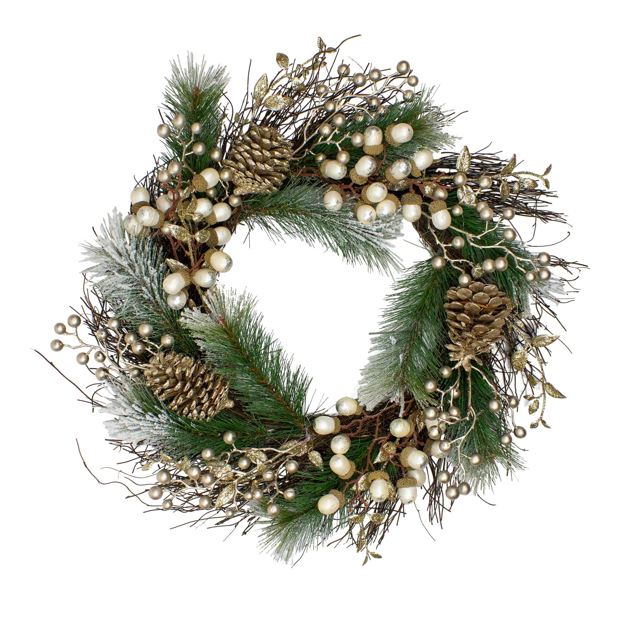 Acorn And Pine Cone Flocked Pine Needle Grapevine Christmas Wreath 22 Inch Unlit N A