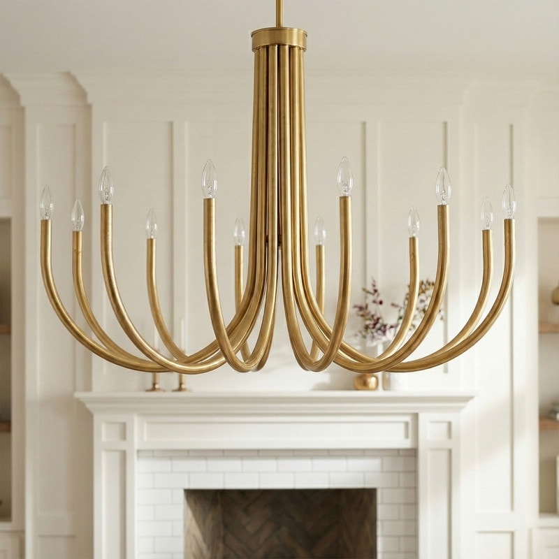 Acroma Large 12 Light Brass Chandelier With Curved Arms For Foyer Open Concept Spaces