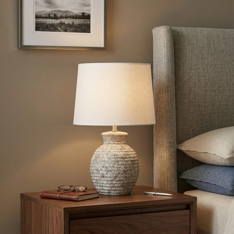 Acroma Textured Ceramic Table Lamp With White Linen Shade