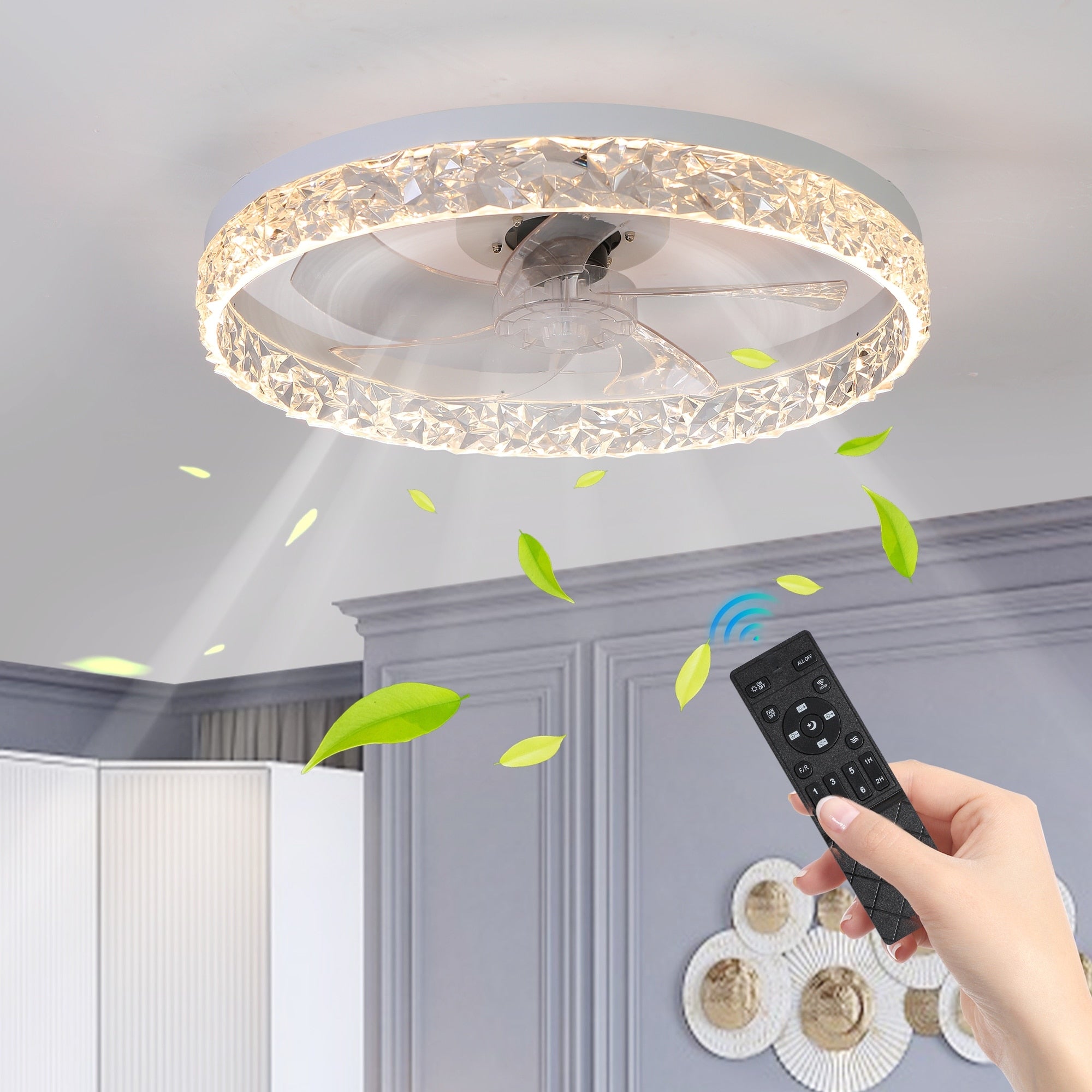 Acrylic Ceiling Fan Light With Remote Control Dimmable Led Chandelier 6 Speed Adjustable Quiet Motor Flush Mount Design