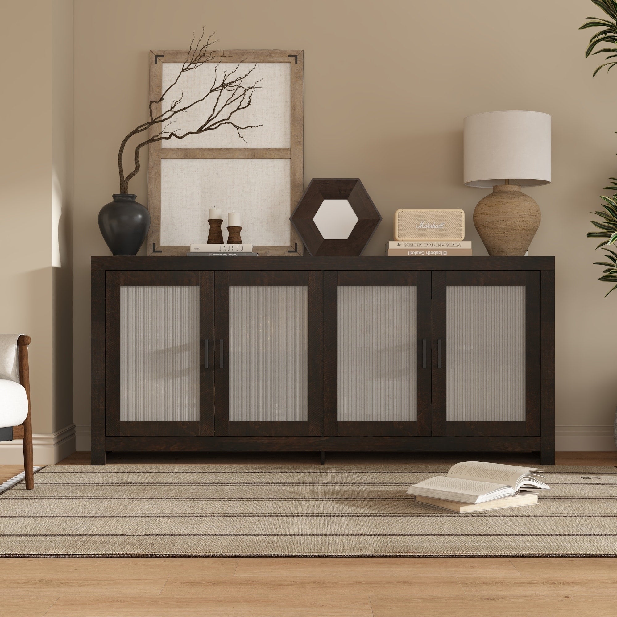 Acrylic Doors Creative White Brown Buffet Sideboard Bookcase Accent Storage Cabinet Elegant Storage With Rich Wood Grain Finish