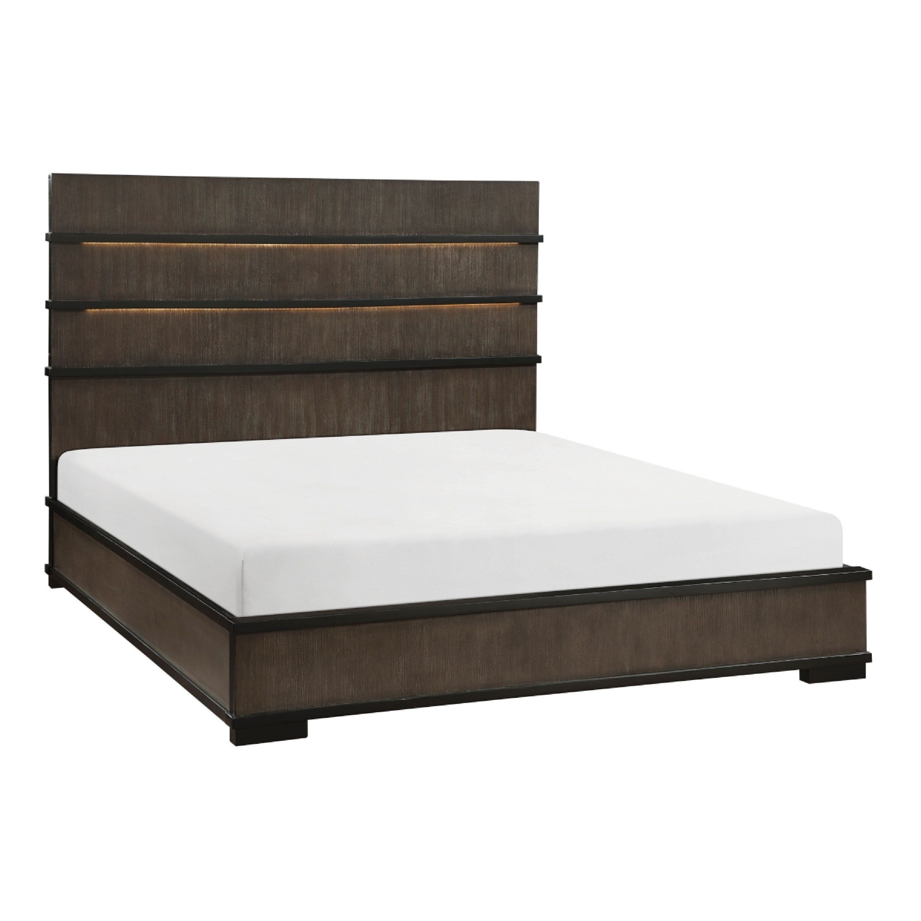 Acy Queen Bed Slatted Led Headboard Industrial Brownish Gray And Black