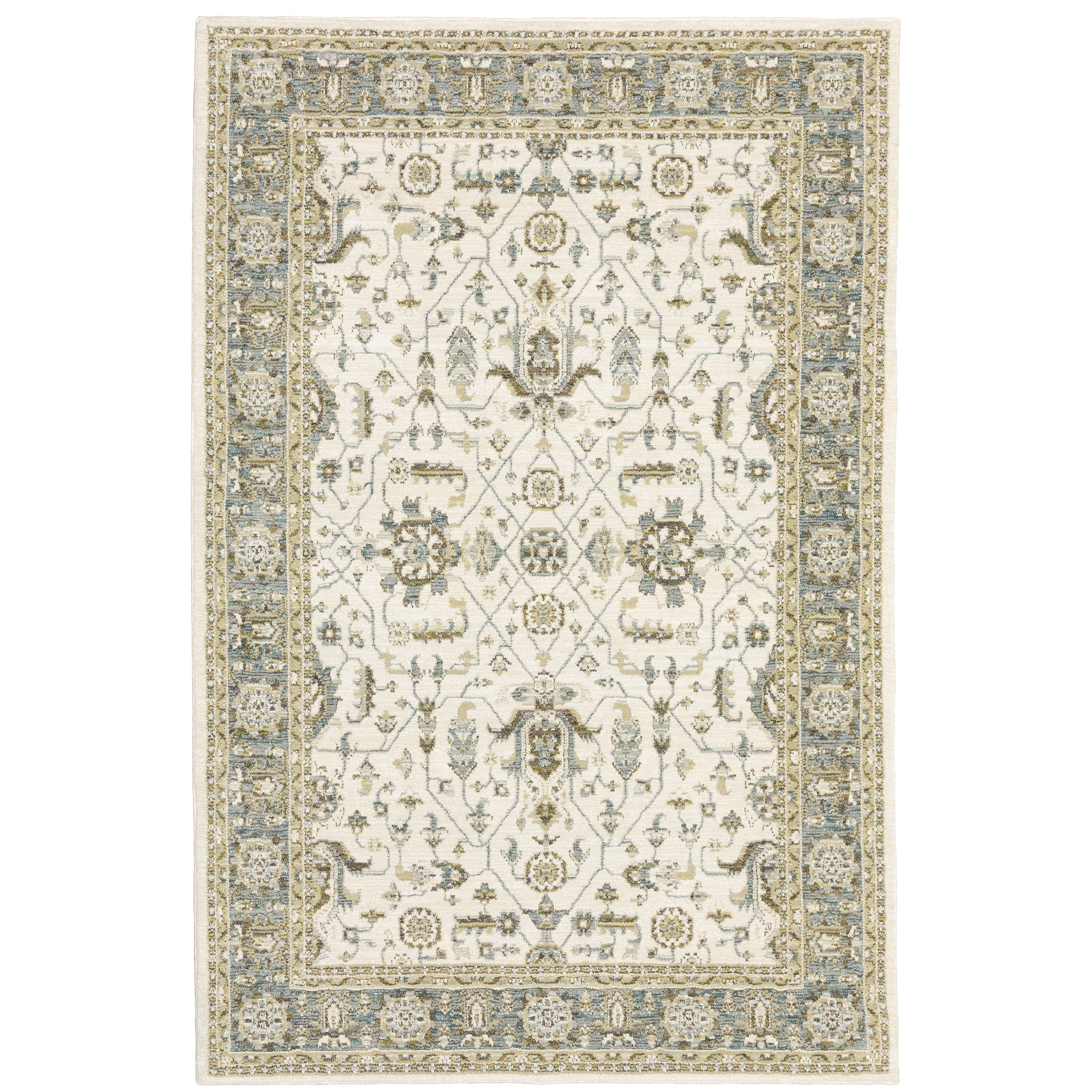 Adalynn Traditional Bordered Ivory Blue Area Rug