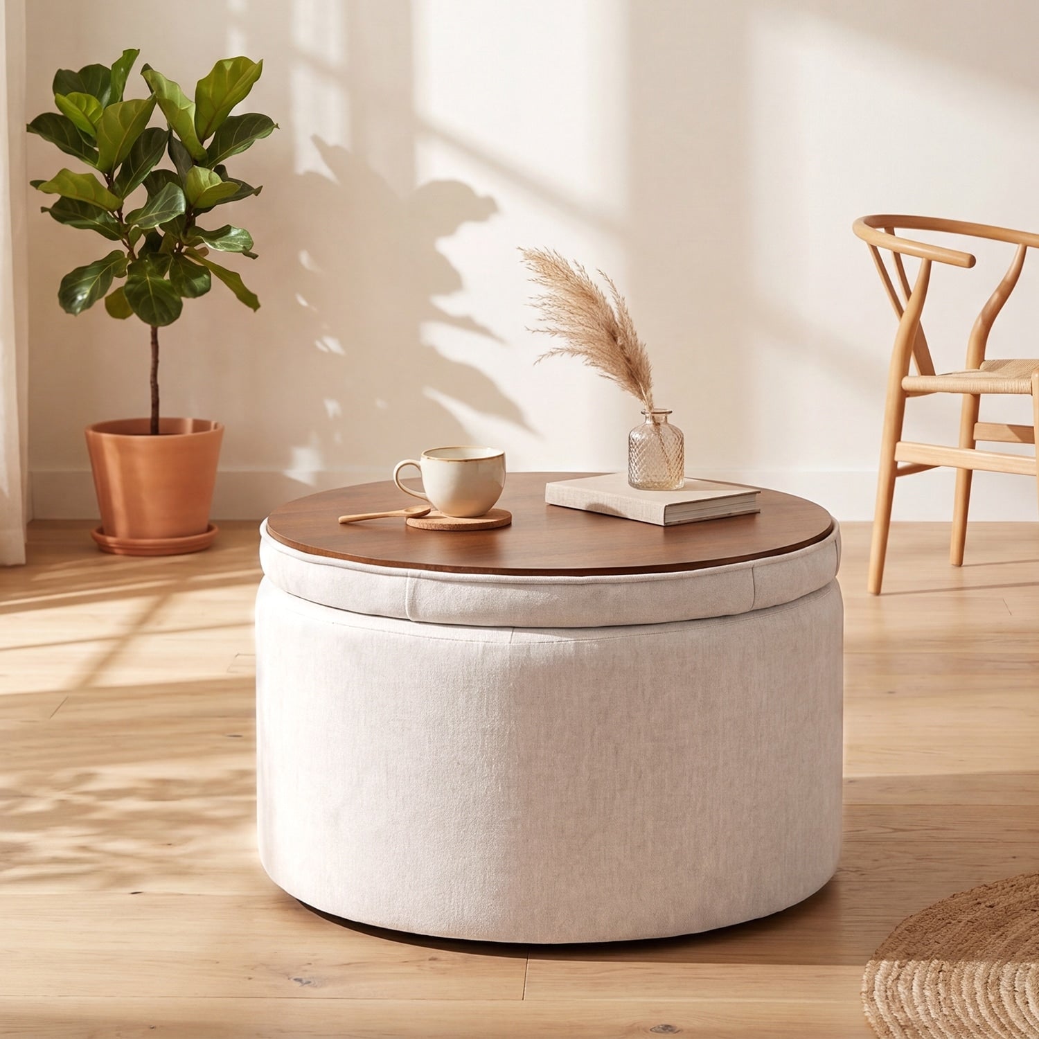 Adeco 24 W Round Tufted Storage Ottoman With Reversible Tray Lid