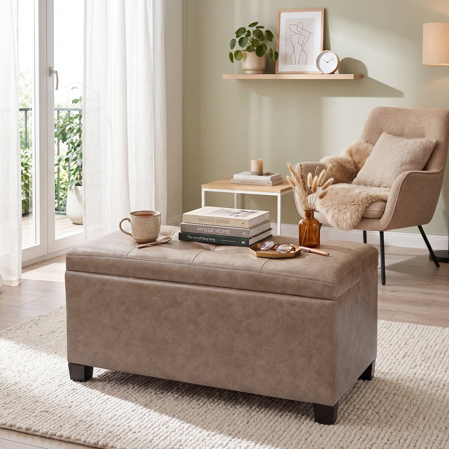 Adeco 30 W Upholstered Rectangle Storage Ottoman With Tray 29.5 X15.0 X14.5