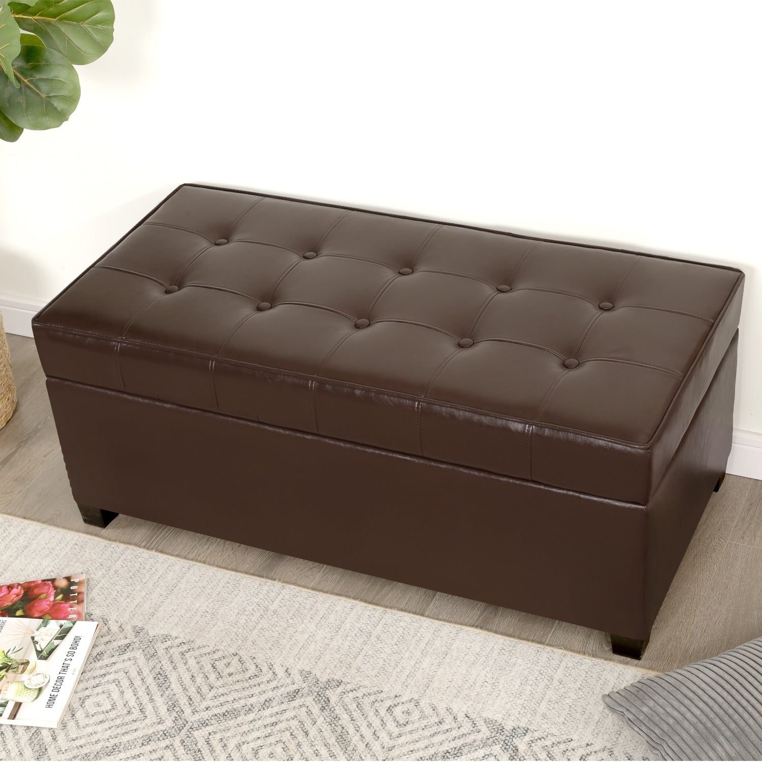 Adeco 40 Faux Leather Storage Ottoman Bench With Tufted Button 40 X18.8 X16.5