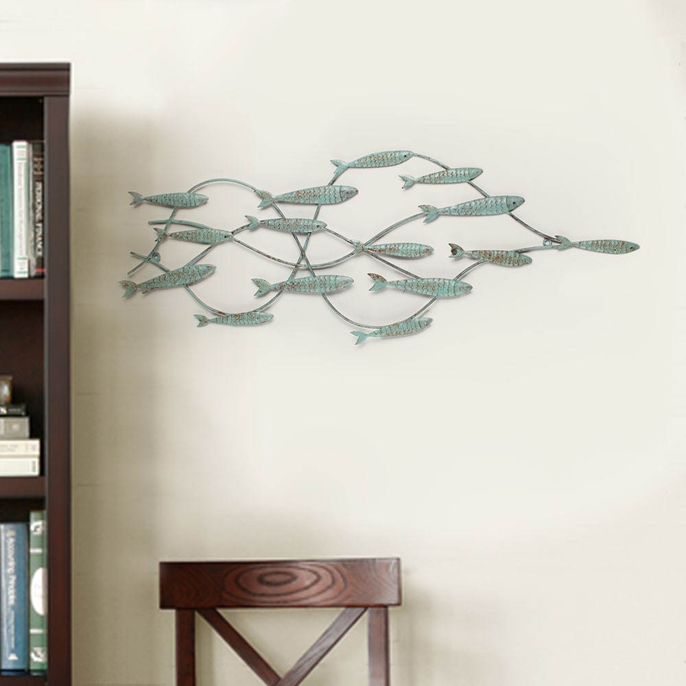 Adeco Decorative Distressed Blue Iron School Of Fish Wall Decor